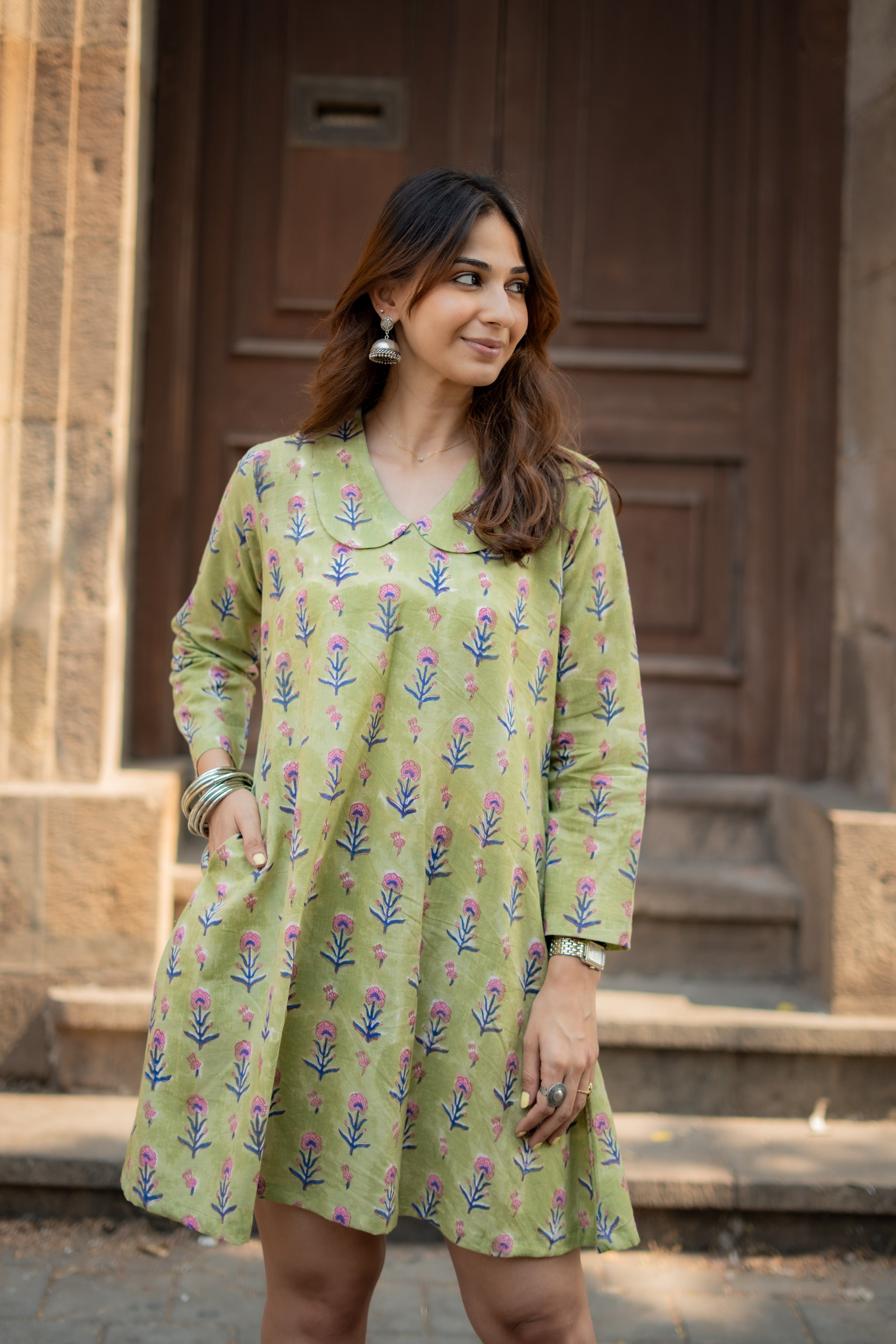 Green Summeri Floral Handblock Cotton A Line Dress