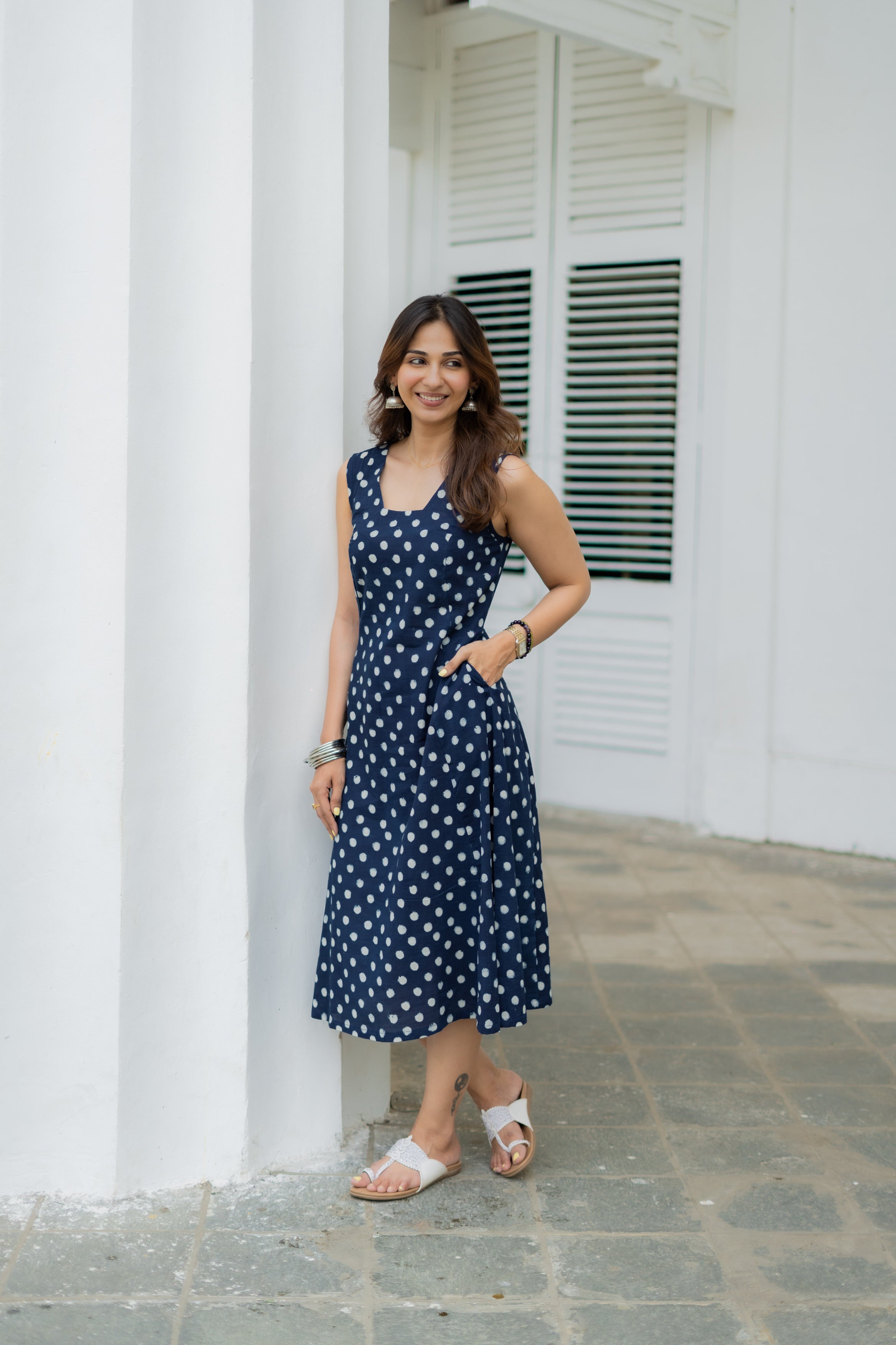 Indigo Polka Handblock Cotton Corset Dress