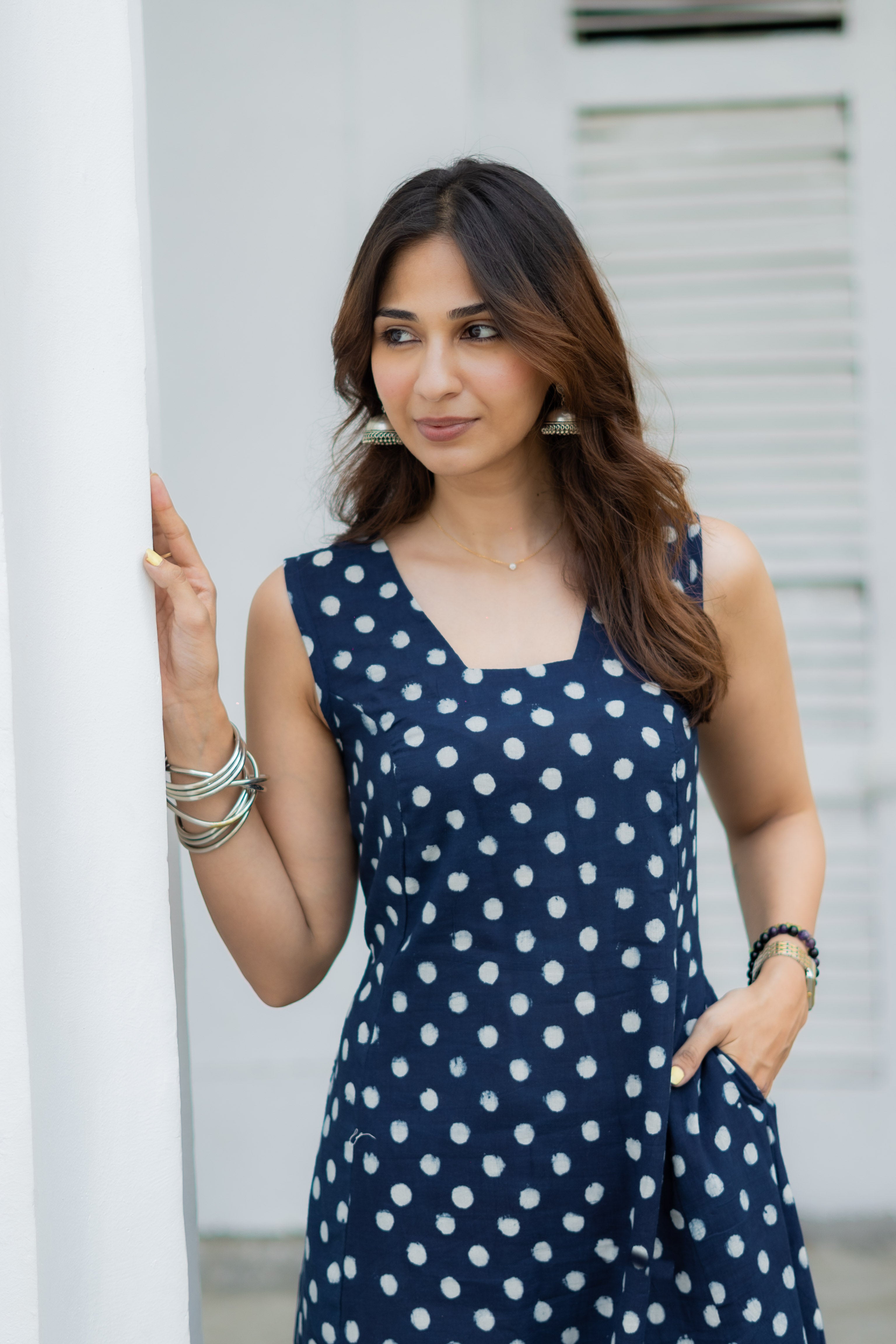 Indigo Polka Handblock Cotton Corset Dress