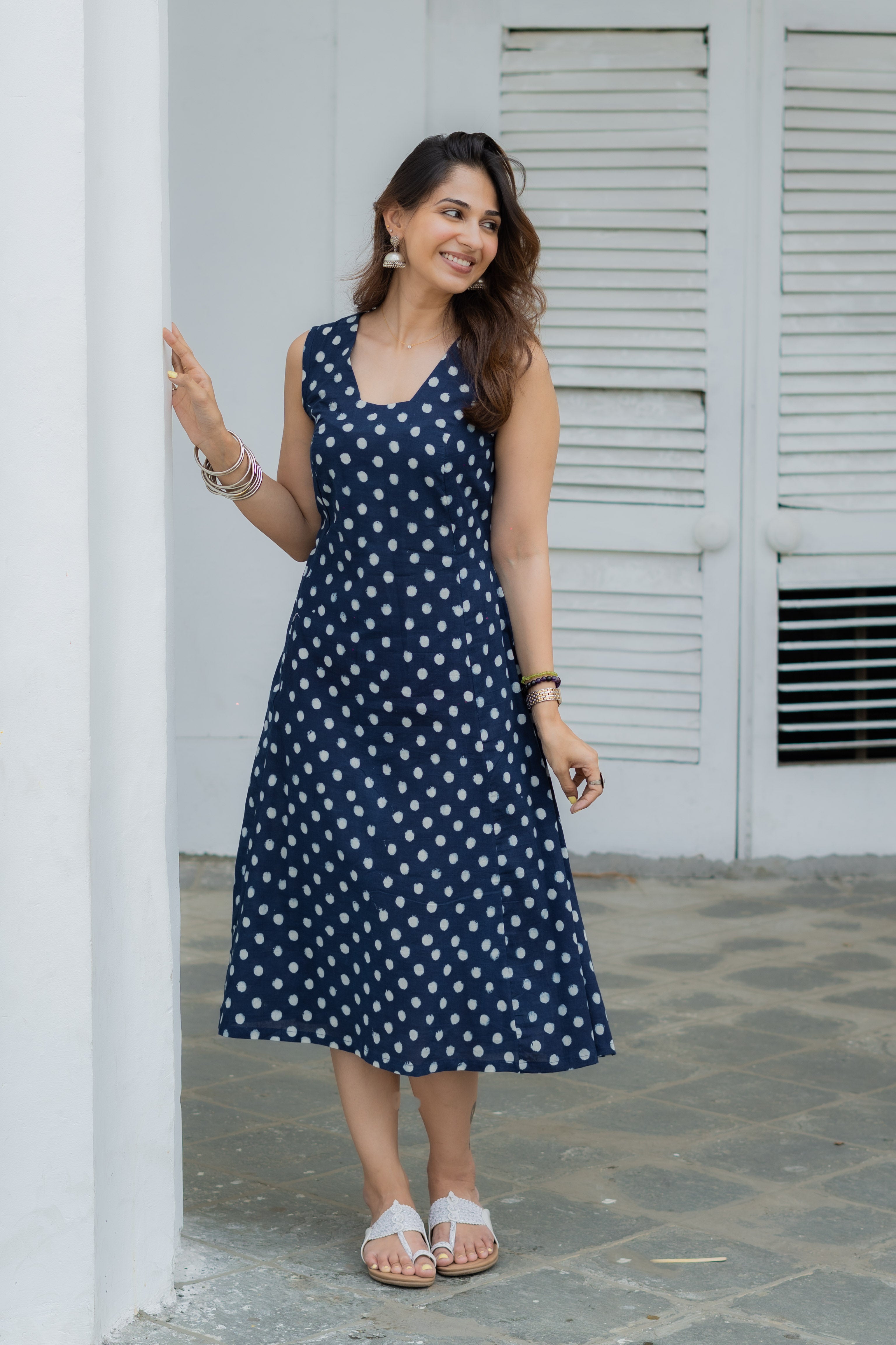 Indigo Polka Handblock Cotton Corset Dress