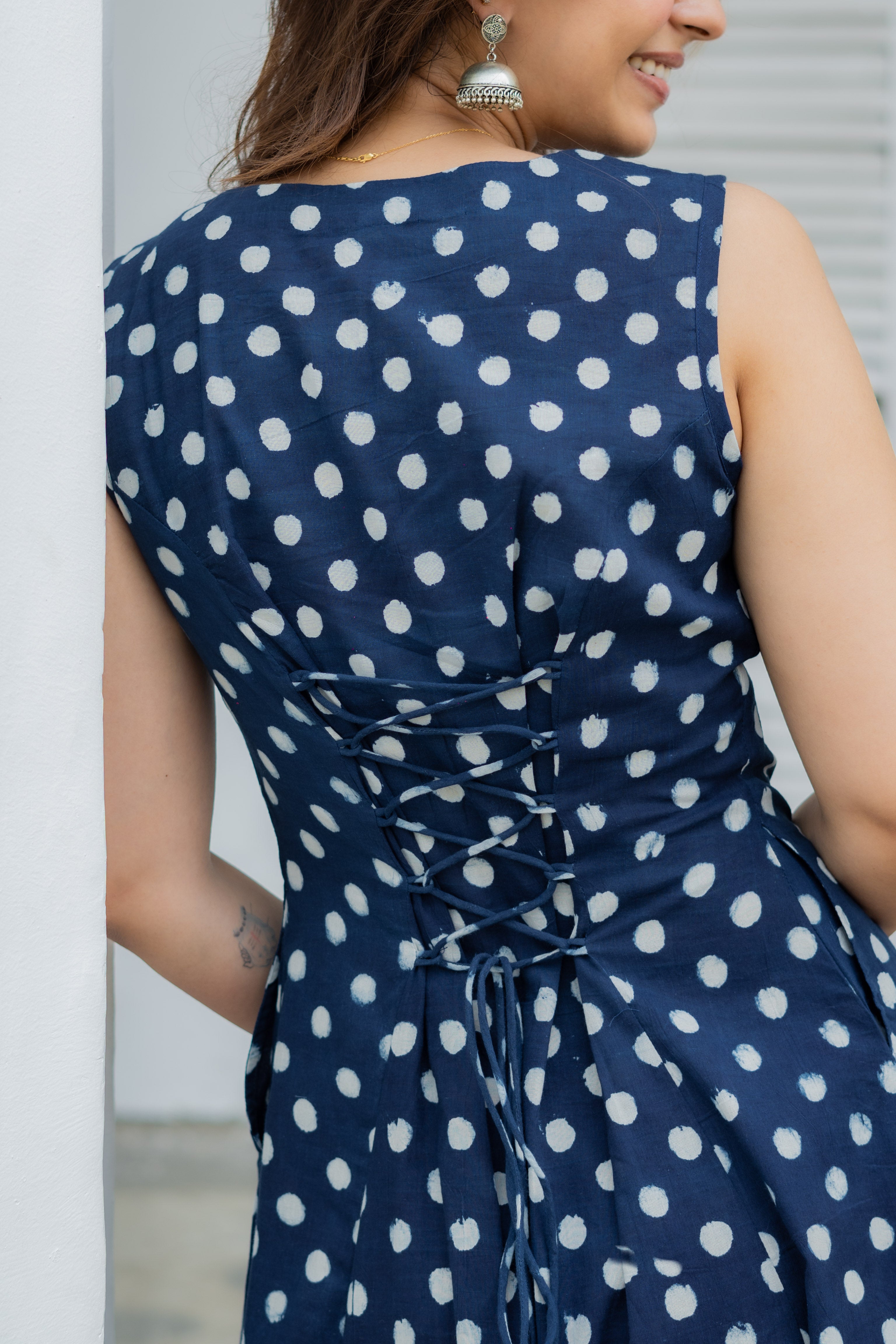 Indigo Polka Handblock Cotton Corset Dress