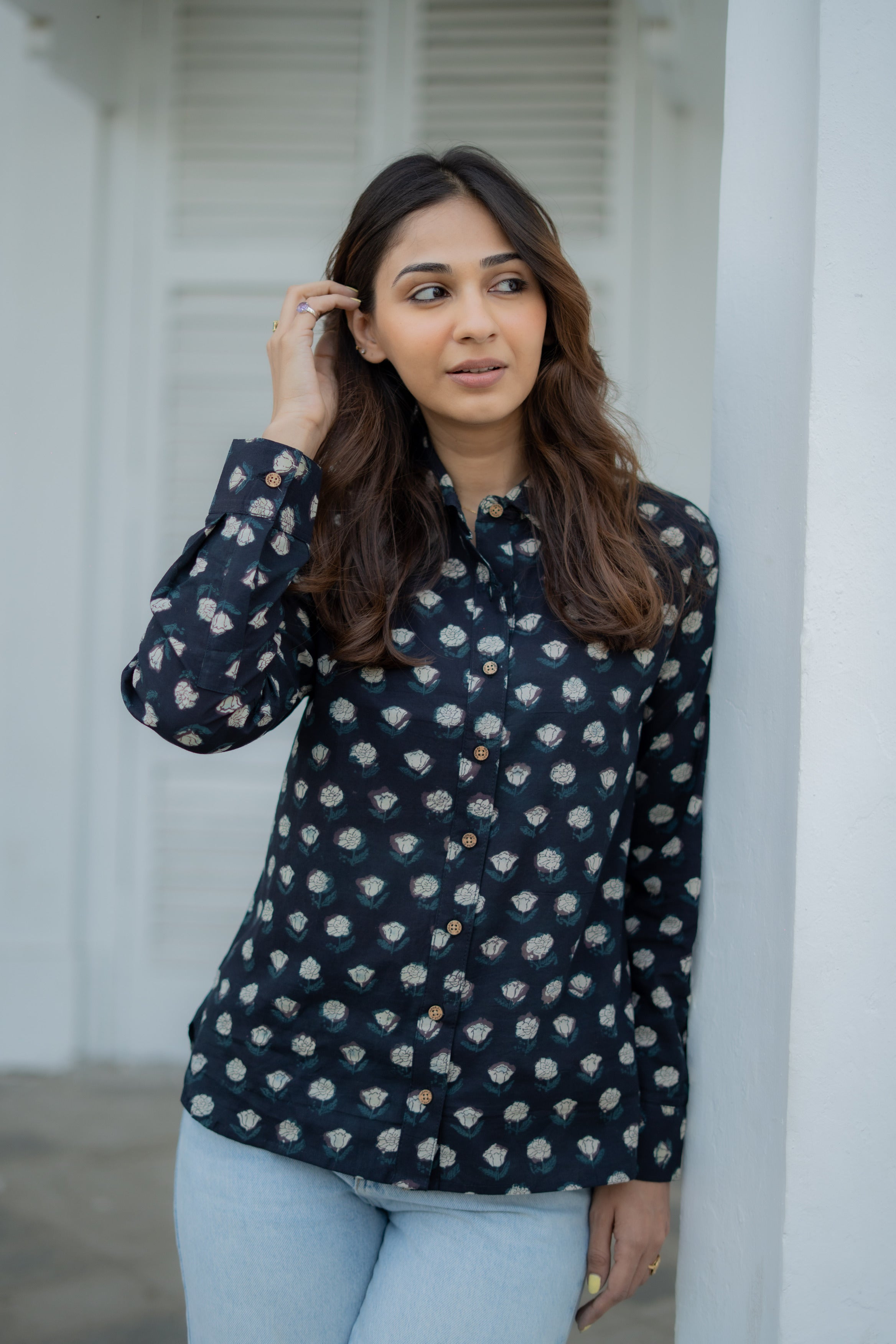 Black Bagru Floral Handblock Cotton Shirt