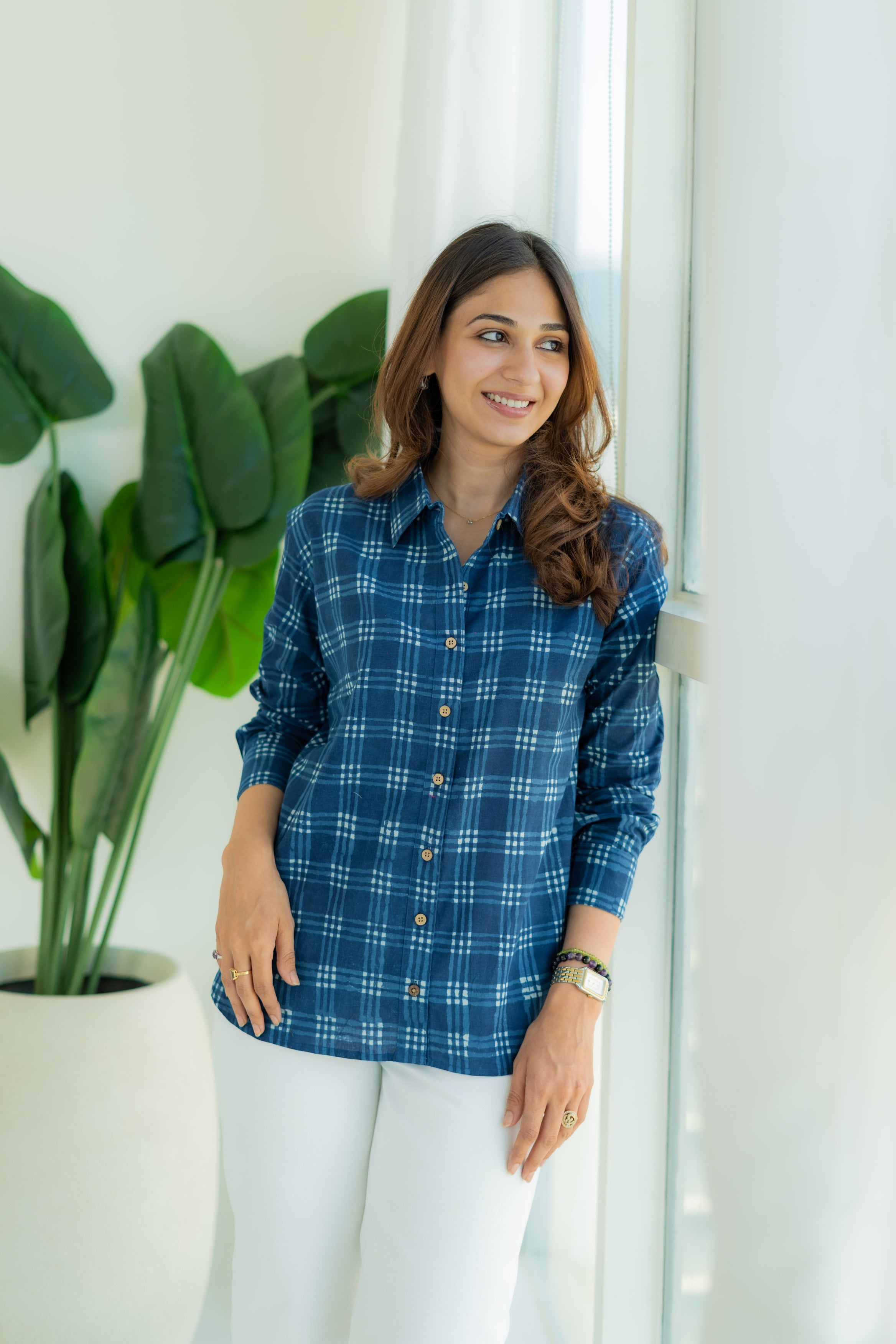 Indigo Checks Handblock Cotton Shirt