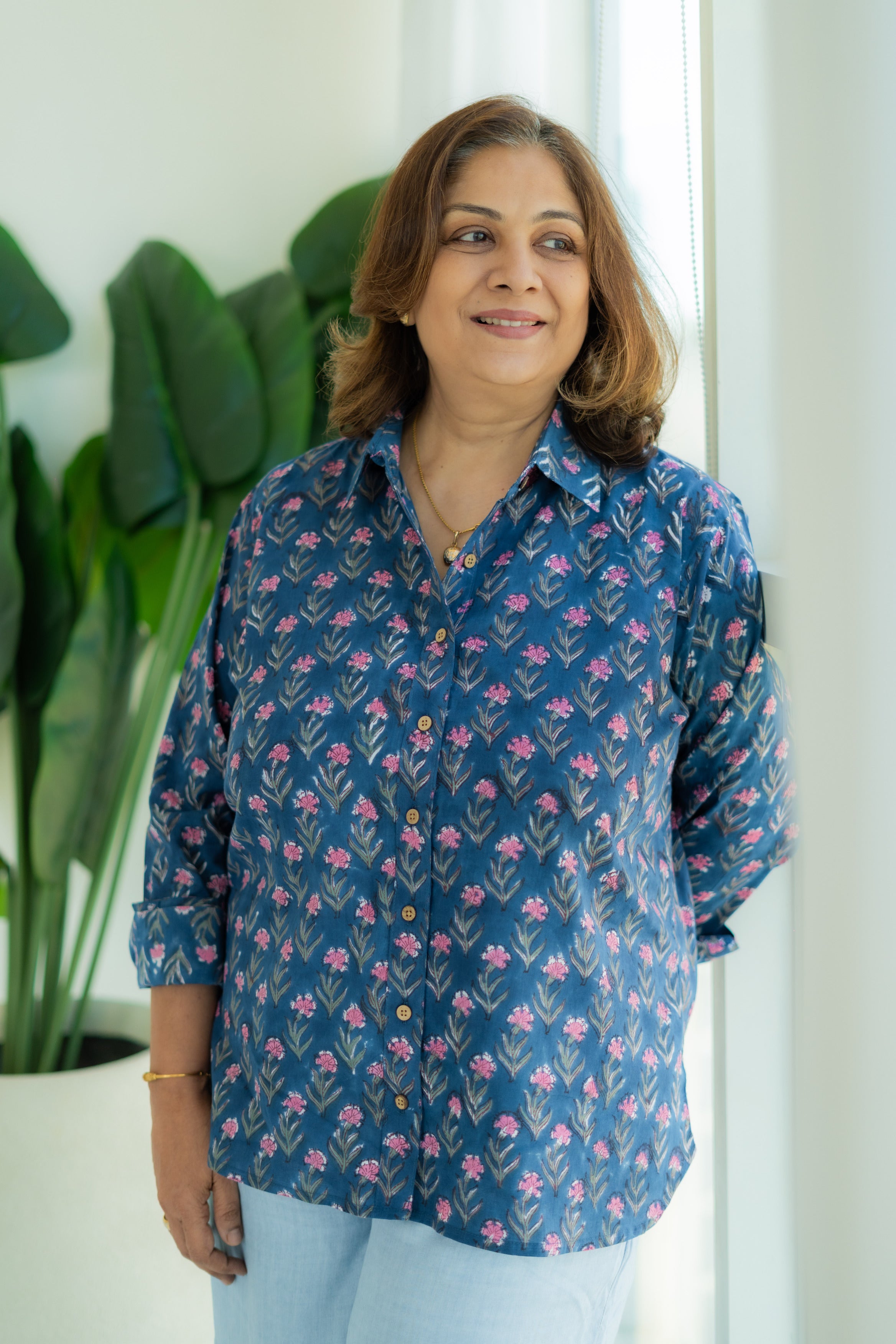 Indigo Spring Floral Handblock Cotton Shirt