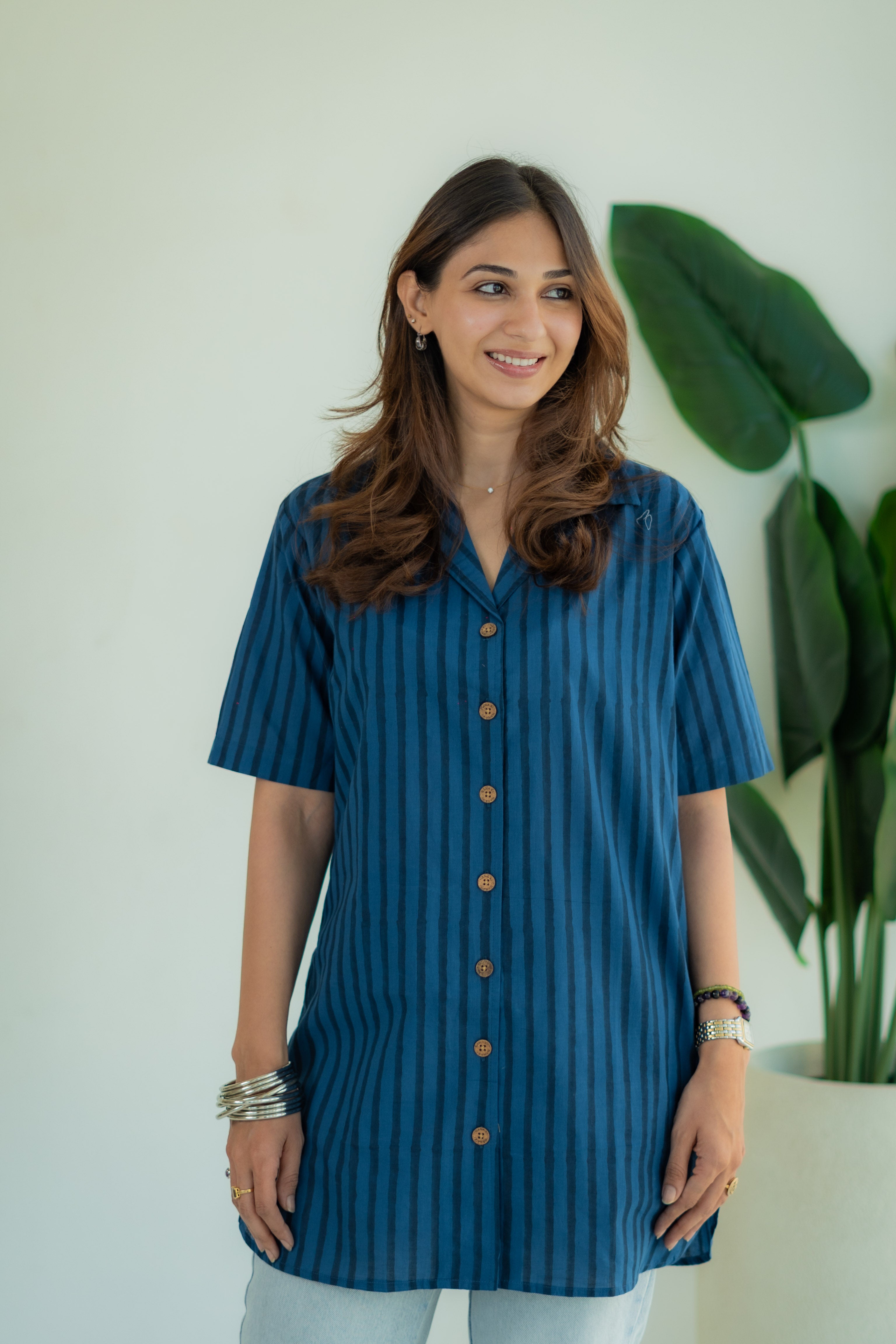Indigo Jaipuri Stripe Handblock Cotton Shirt Kurti