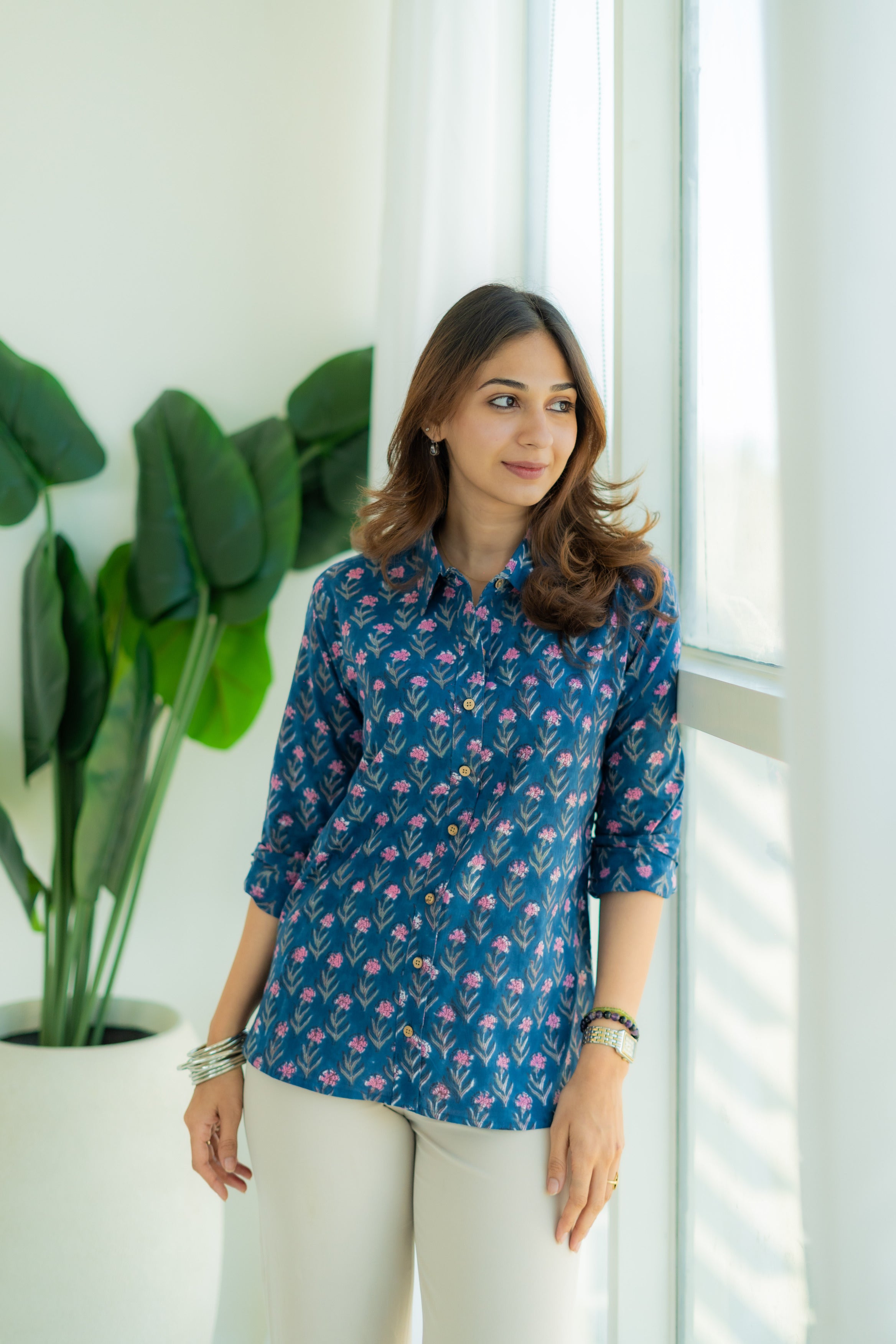 Indigo Spring Floral Handblock Cotton Shirt