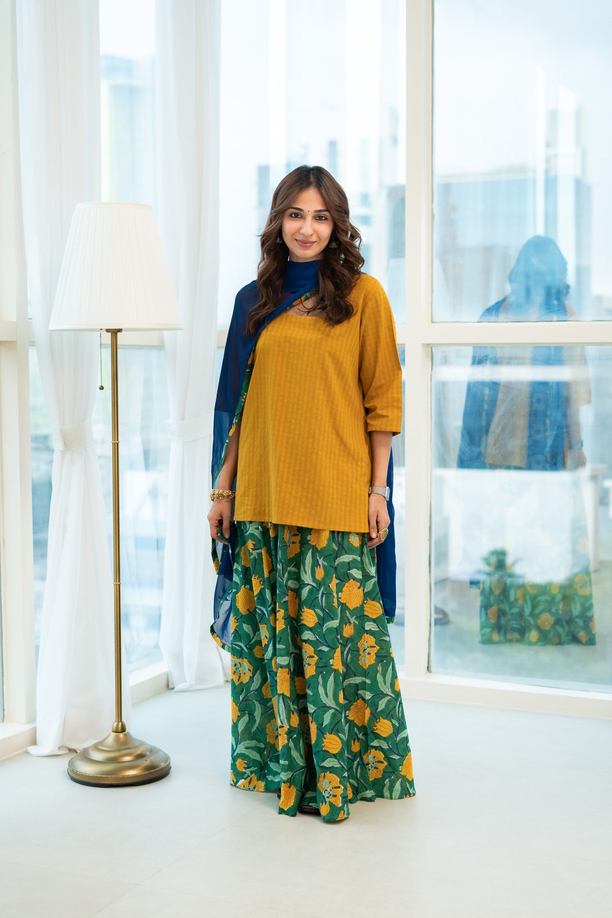 Mustard Cotton Kurta with Handblock Sharara & Dupatta Set