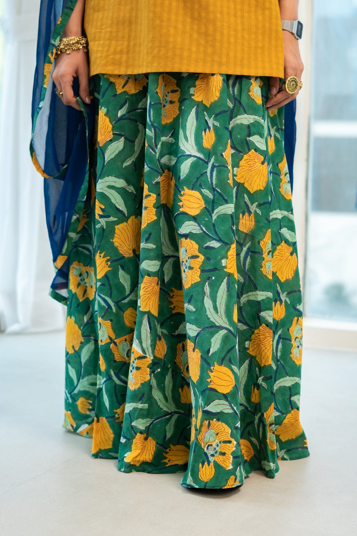 Mustard Cotton Kurta with Handblock Sharara & Dupatta Set