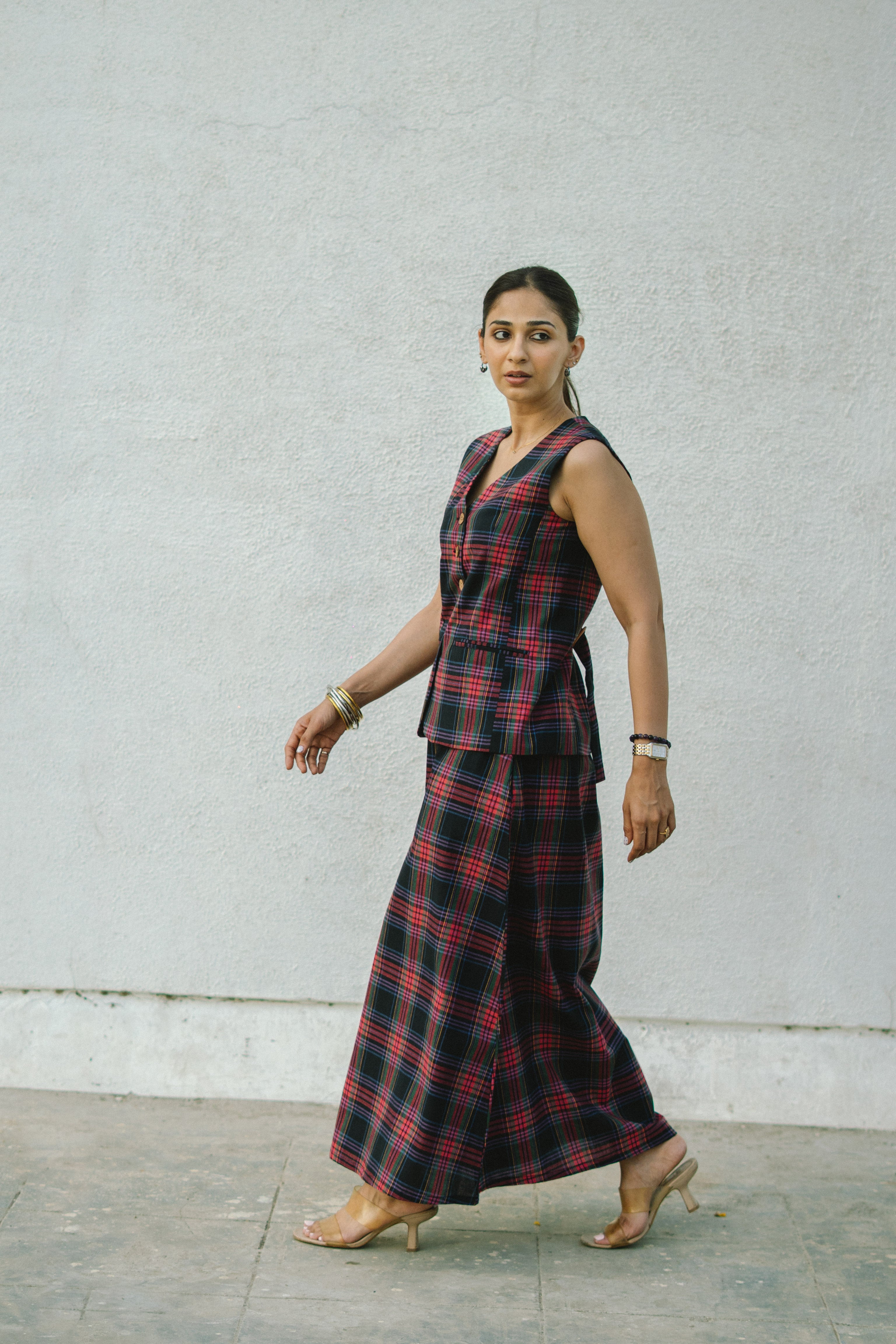 Black Madras Checks Cotton Waistcoat and Skirt