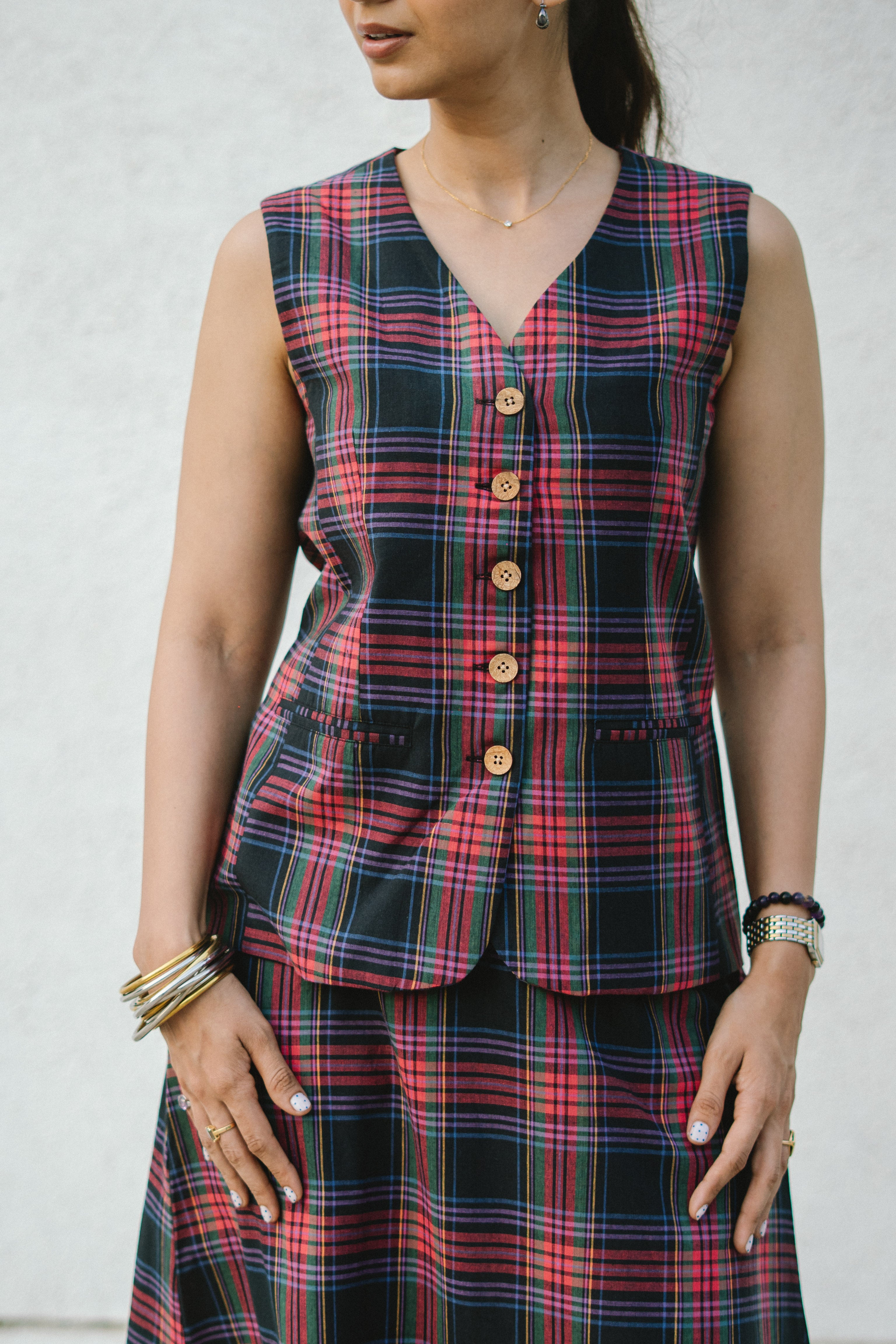 Black Madras Checks Cotton Waistcoat and Skirt