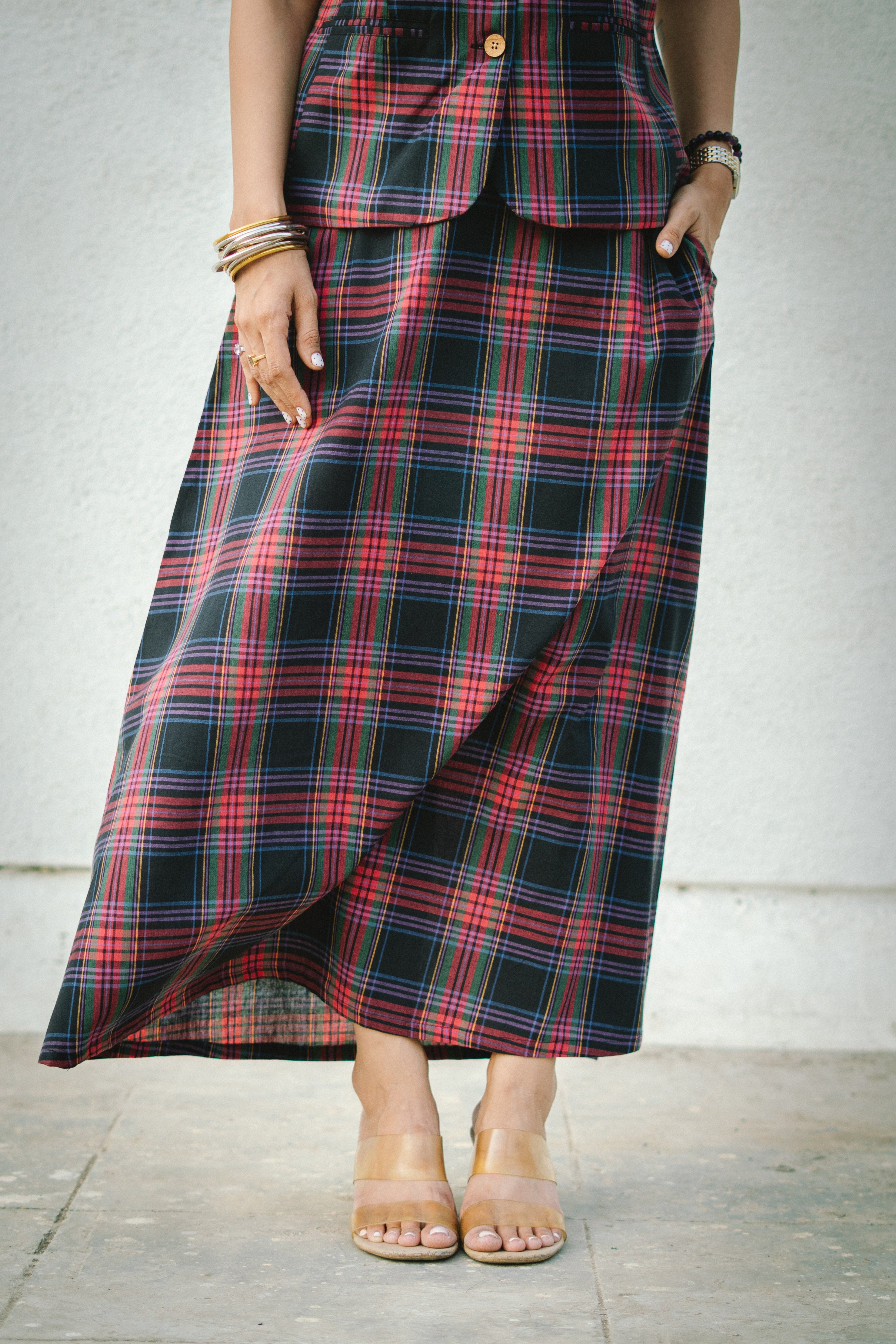 Black Madras Checks Cotton Waistcoat and Skirt
