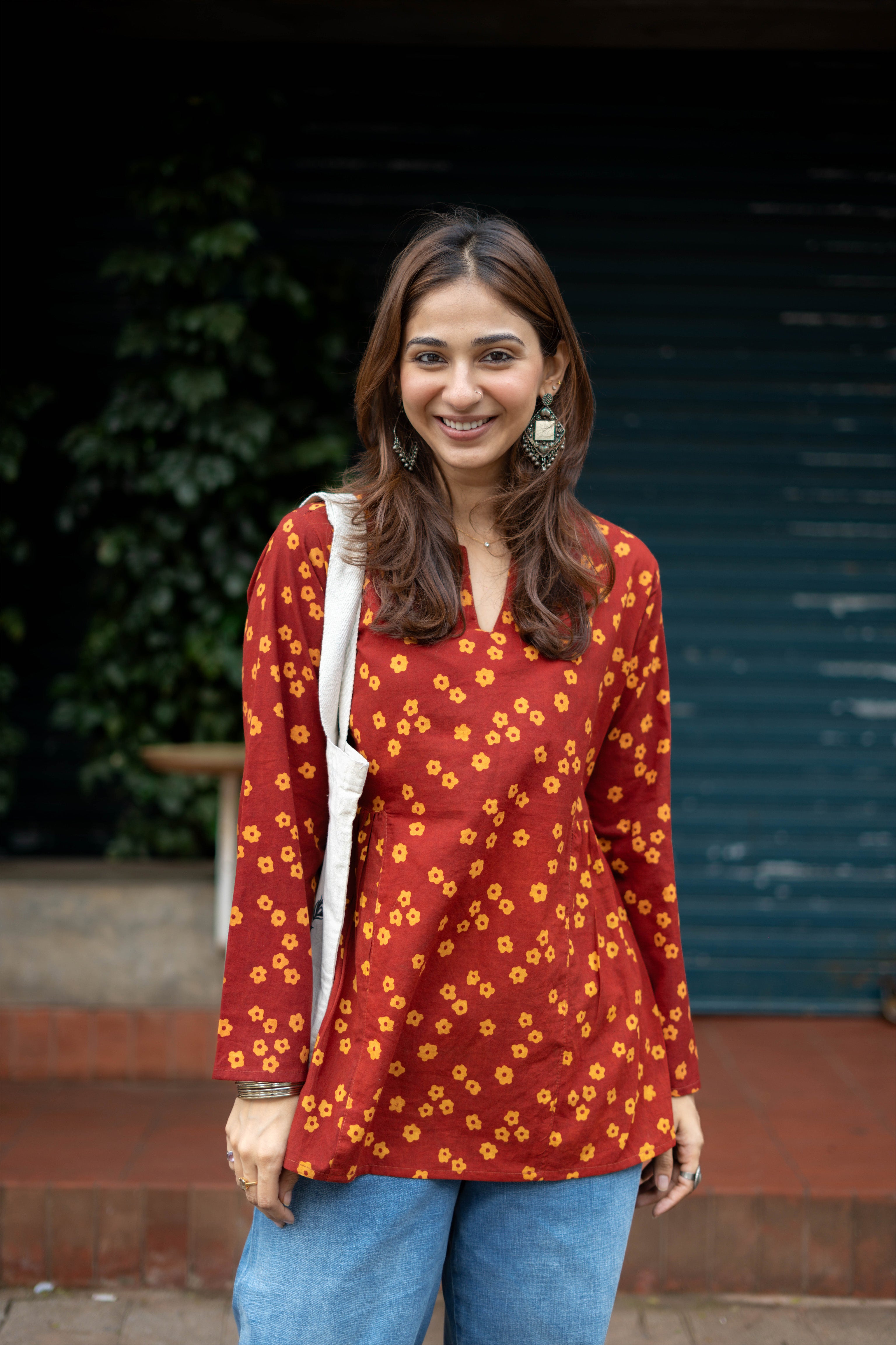 Ajrakh Red Yellow Flower Bell Sleeves Cotton Short Top