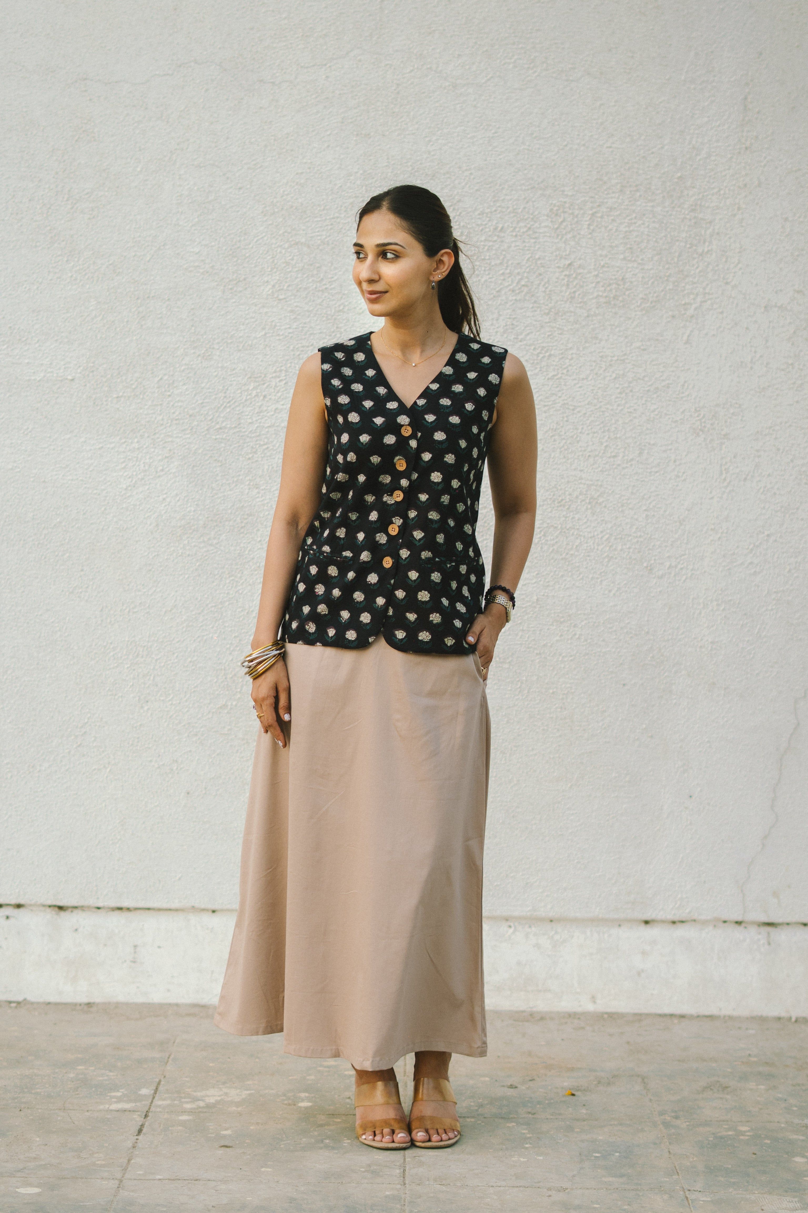 Black Bagru Handblock Cotton Waistcoat