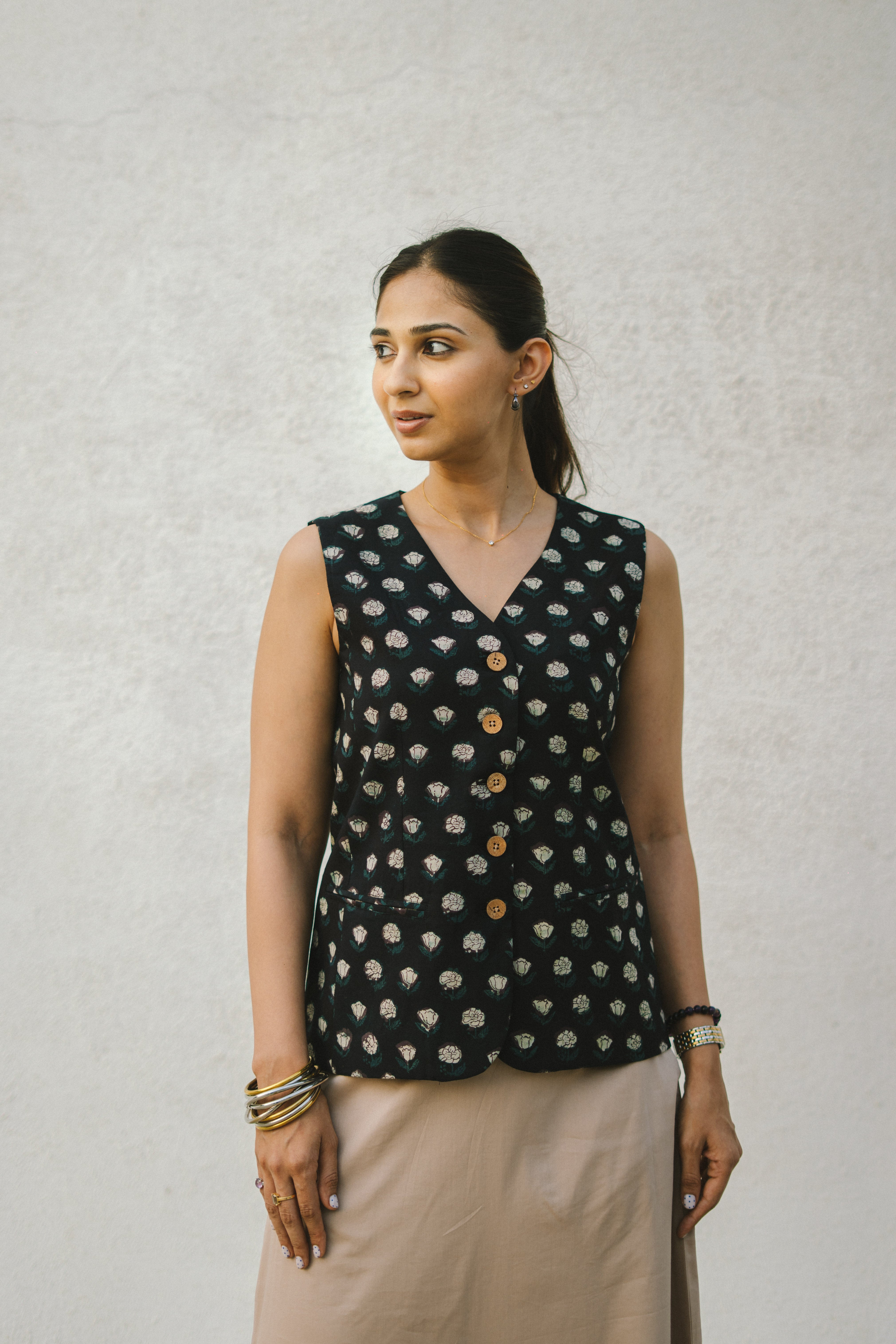 Black Bagru Handblock Cotton Waistcoat