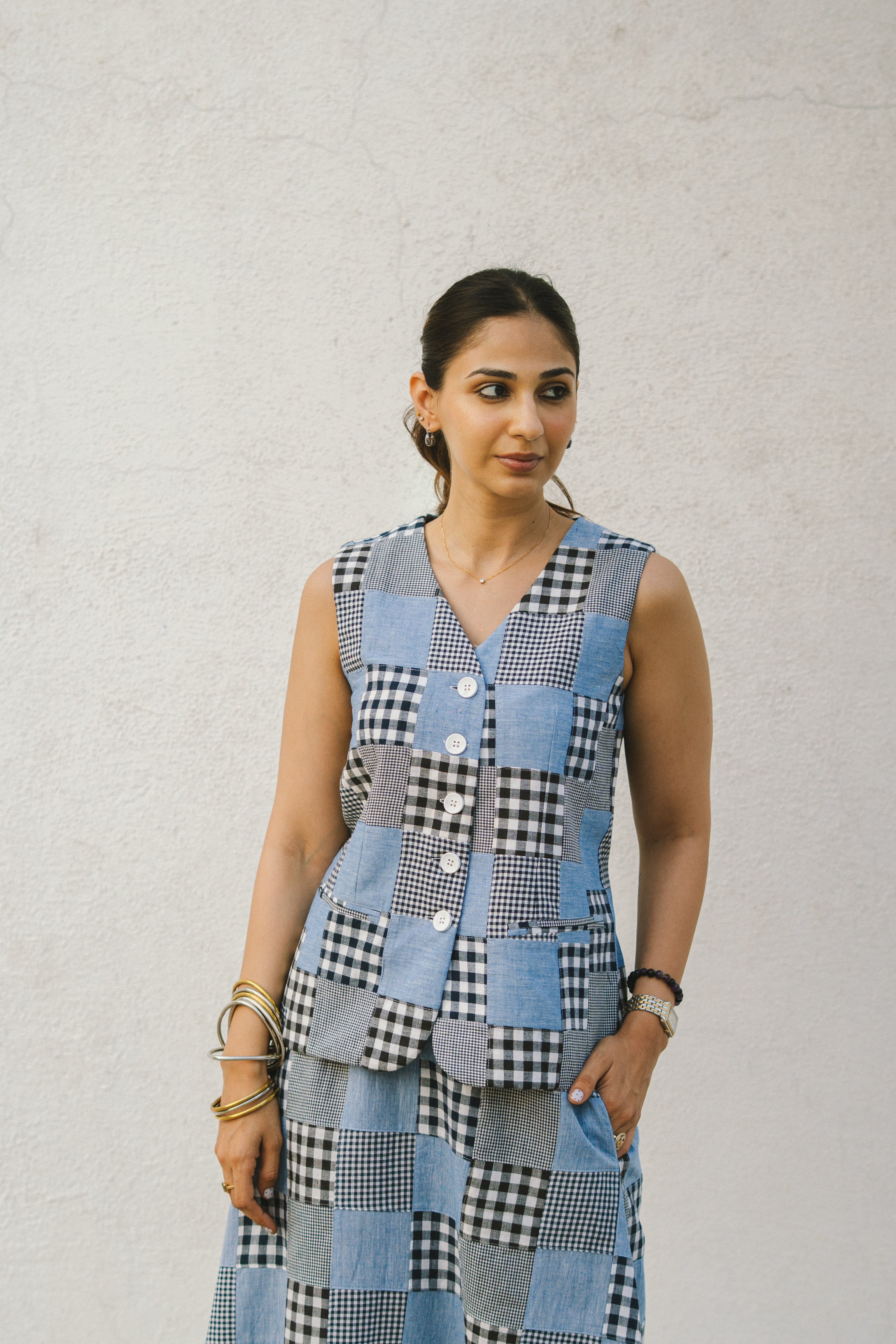 Denim Madras Patchwork Checks Cotton Waistcoat and Skirt