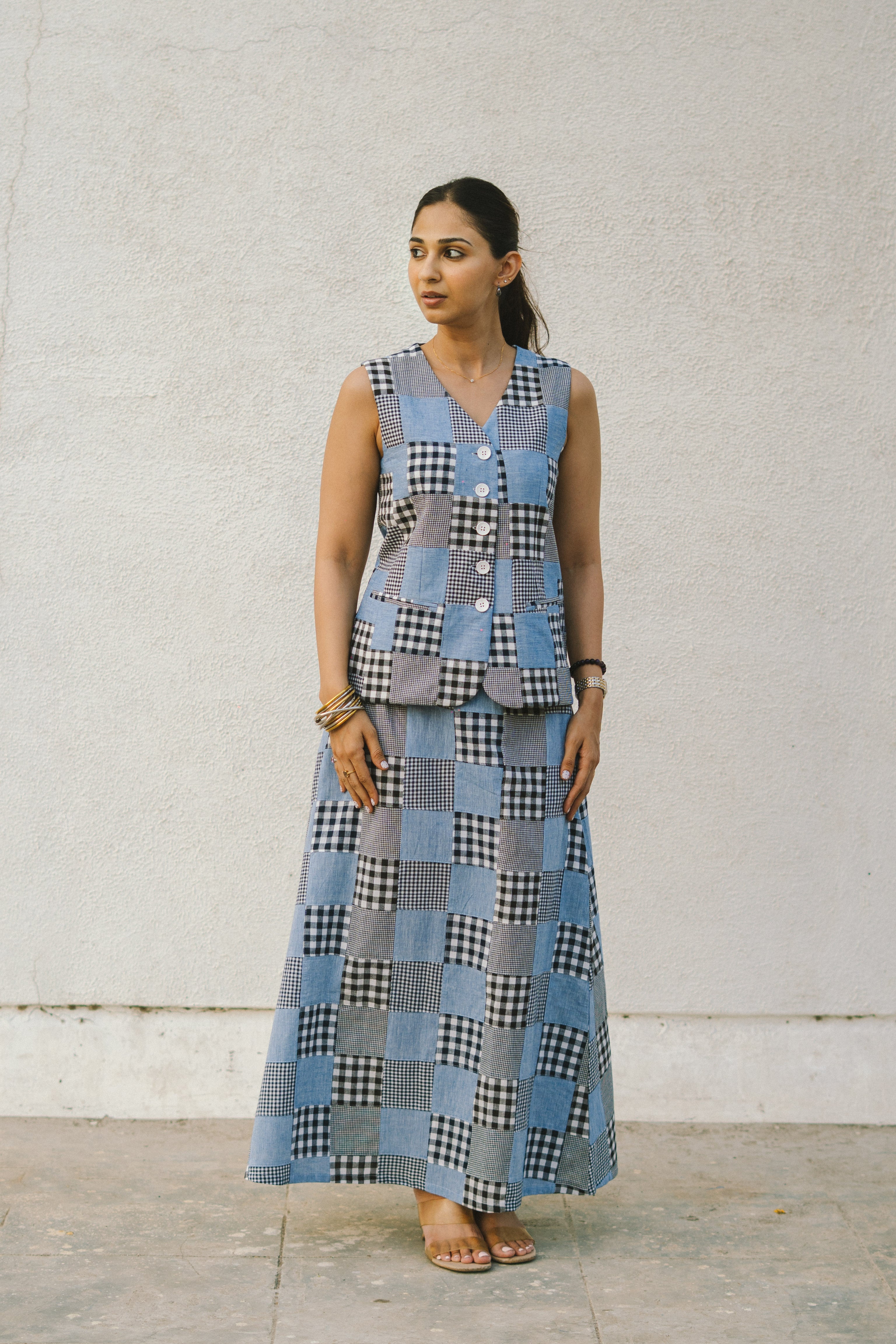 Denim Madras Patchwork Checks Cotton Waistcoat and Skirt