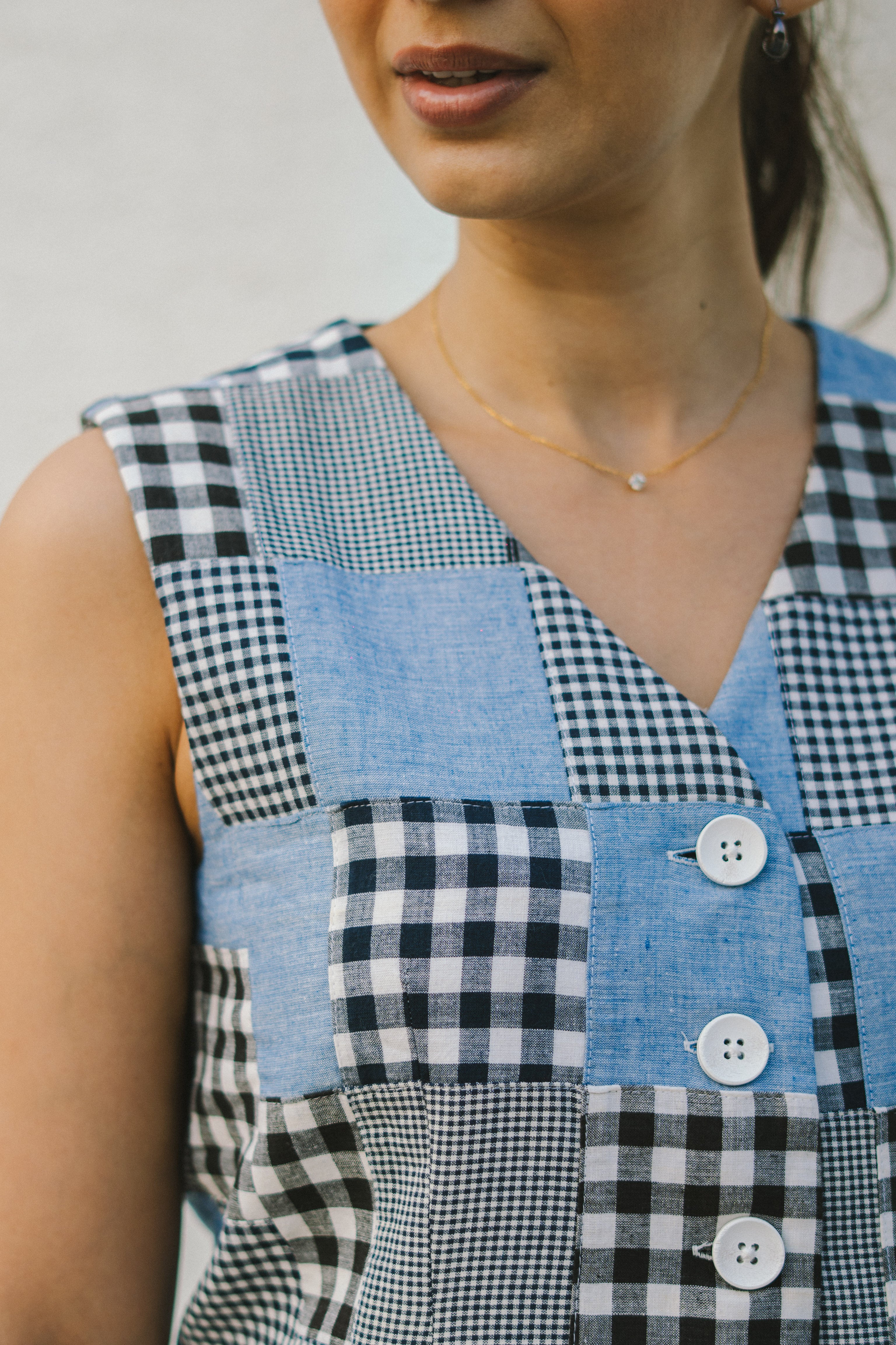 Denim Madras Patchwork Checks Cotton Waistcoat and Skirt