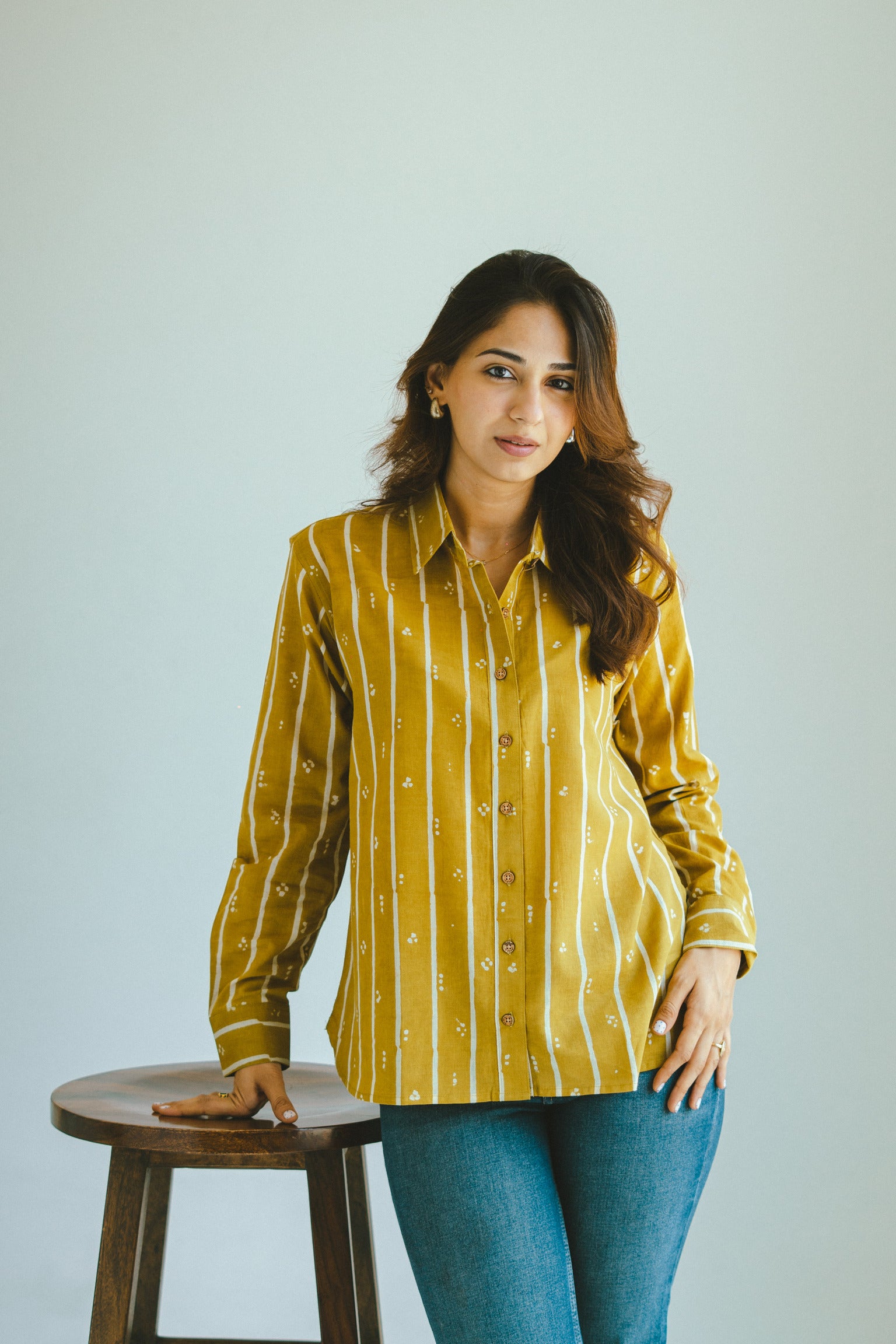 Yellow Bagru Stripe Handblock Cotton Shirt