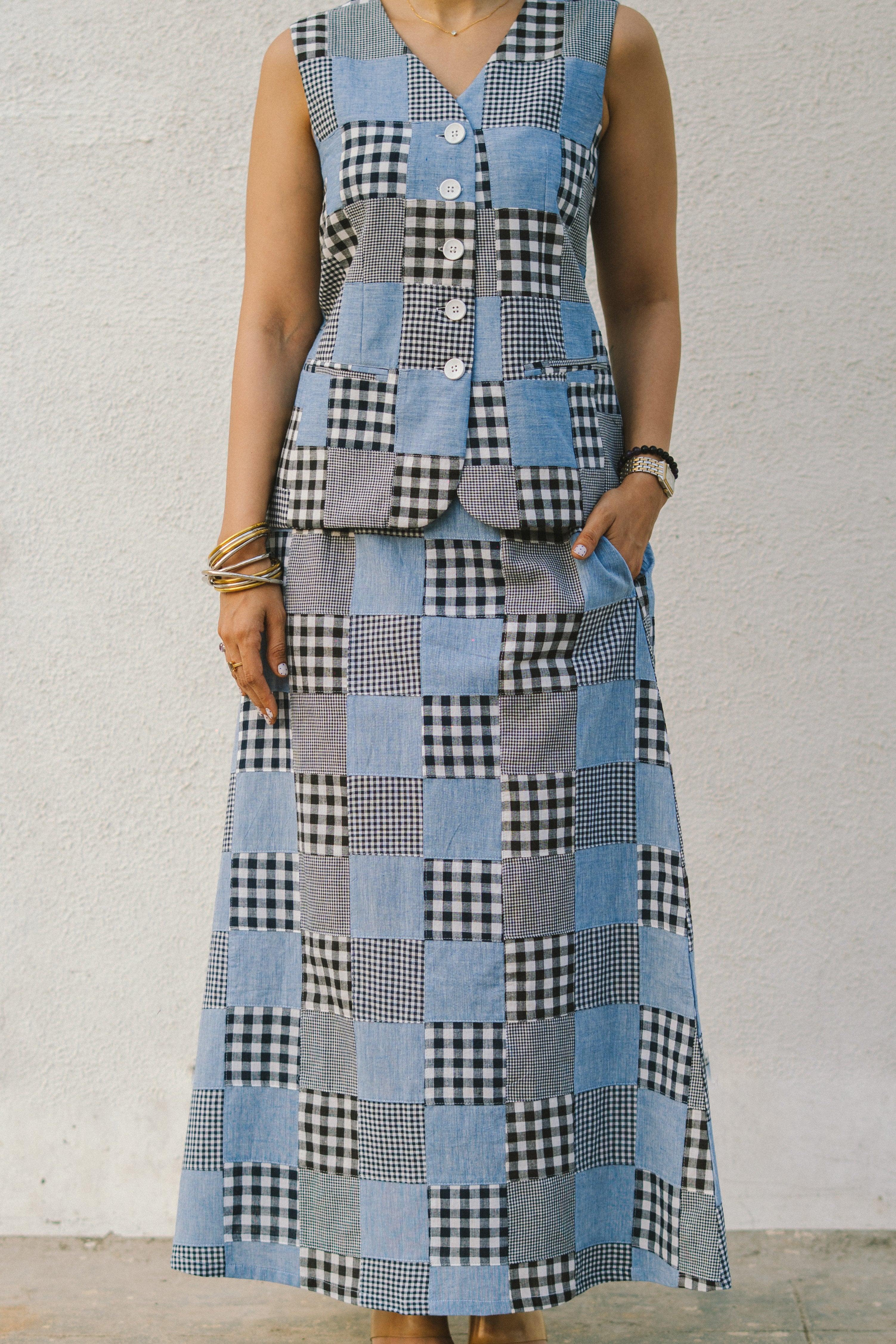 Denim Madras Patchwork Checks Cotton Waistcoat and Skirt