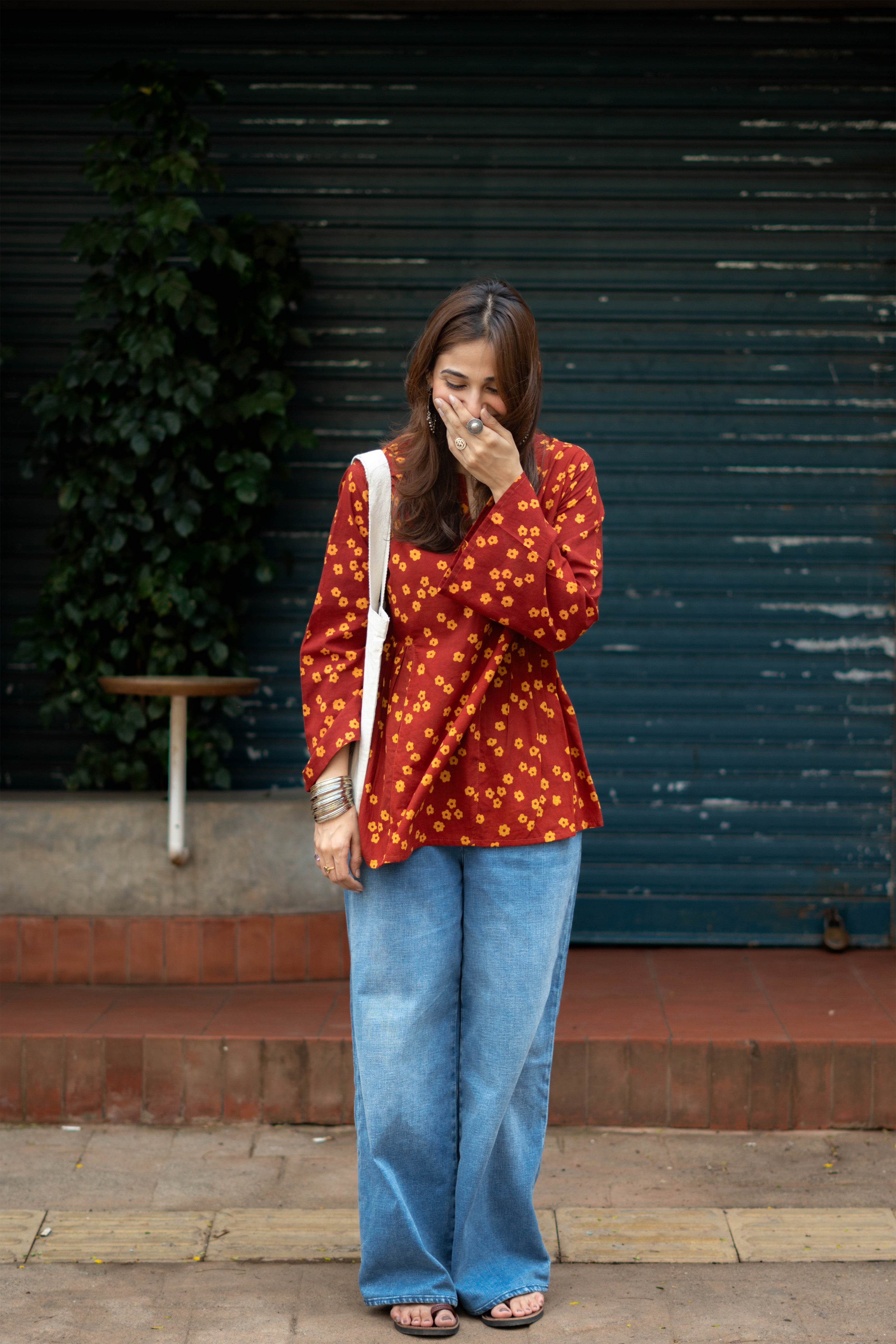 Ajrakh Red Yellow Flower Bell Sleeves Cotton Short Top