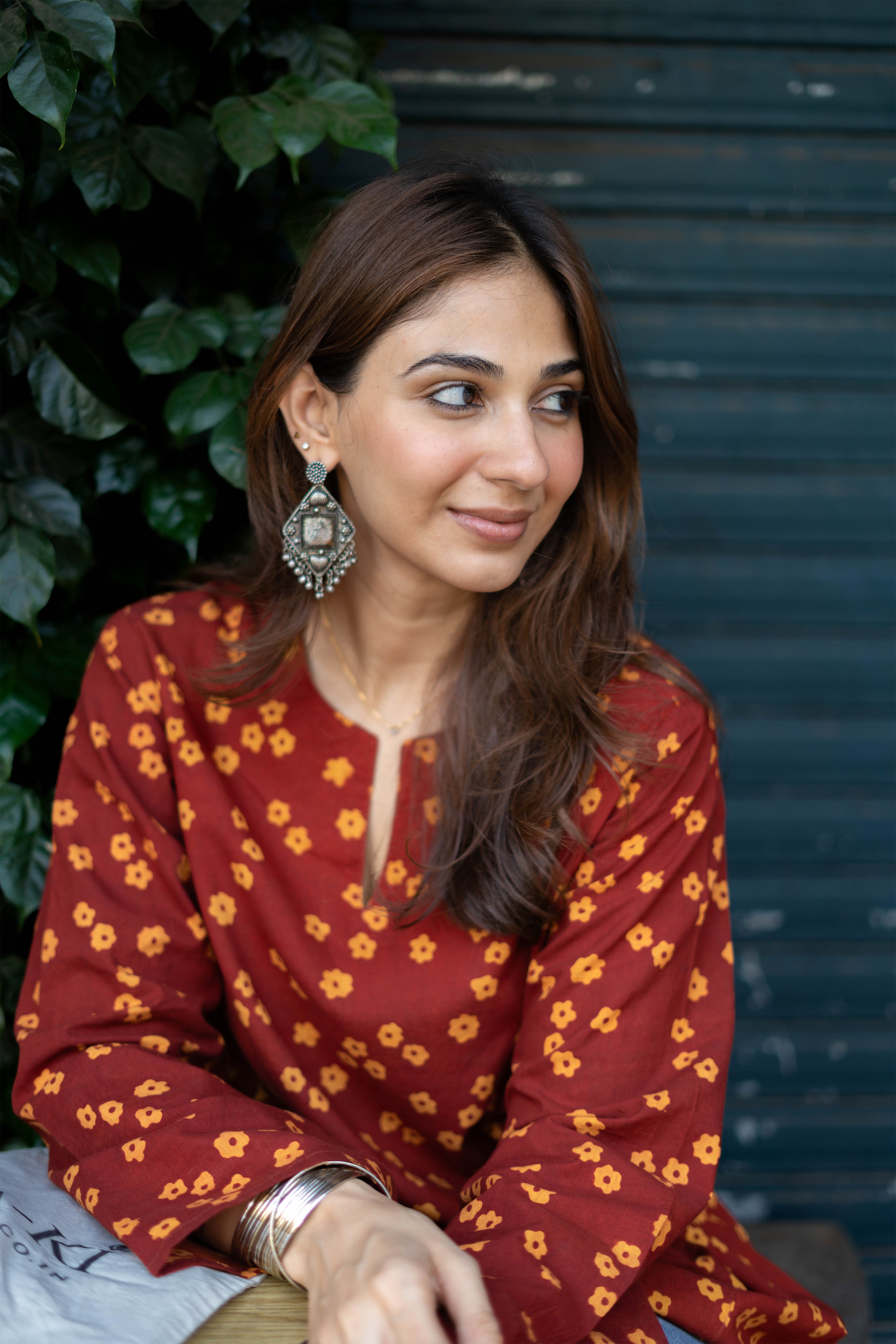 Ajrakh Red Yellow Flower Bell Sleeves Cotton Short Top