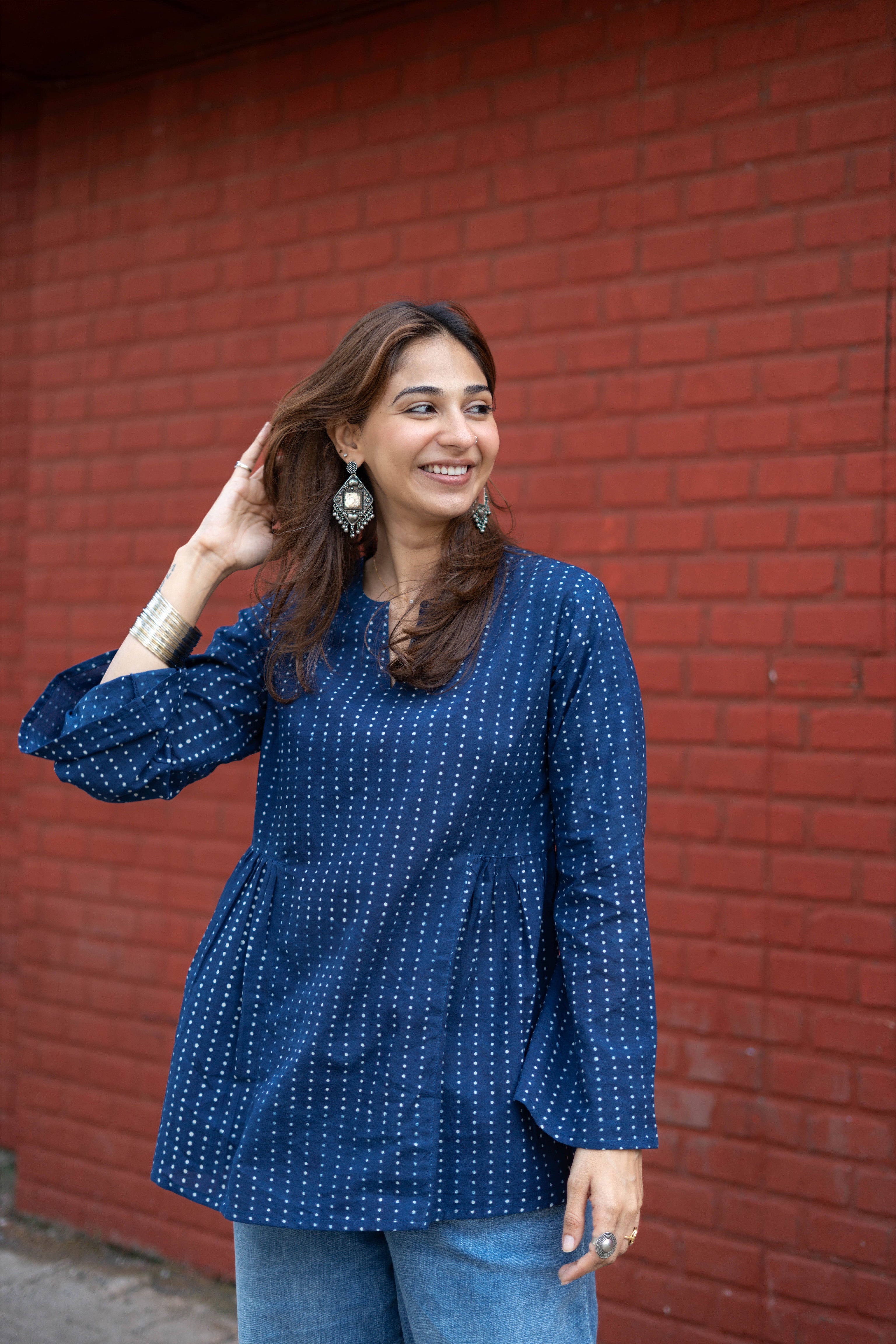 Indigo Night Bell Sleeves Cotton Short Top