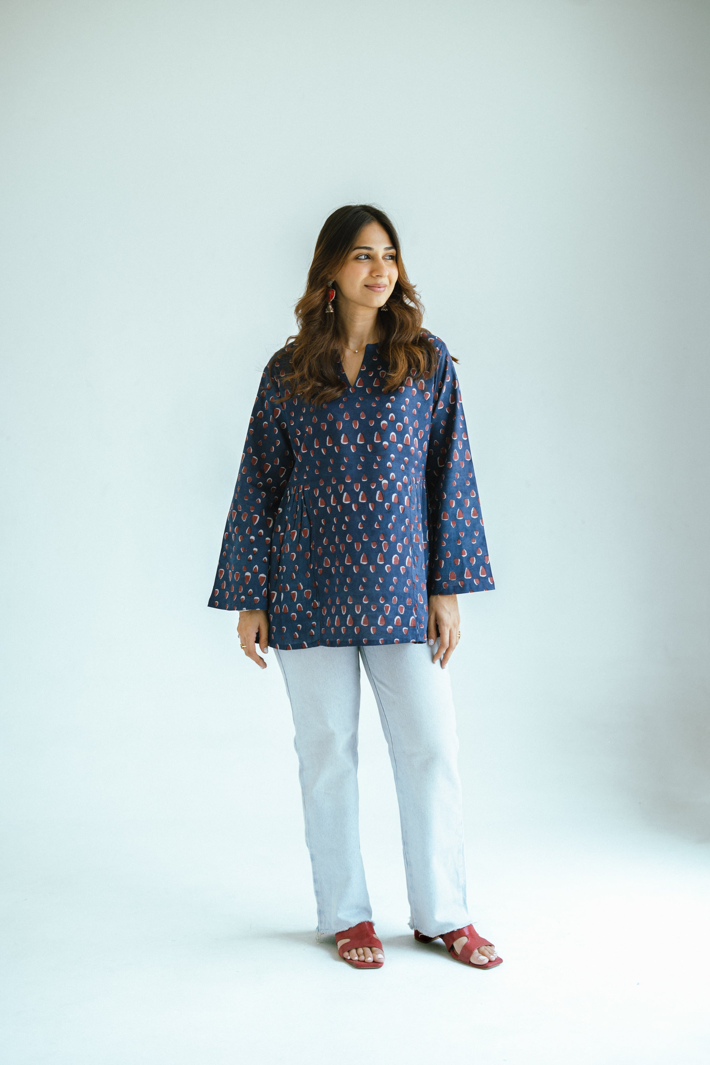 Bell Sleeves Indigo Cotton Short Top