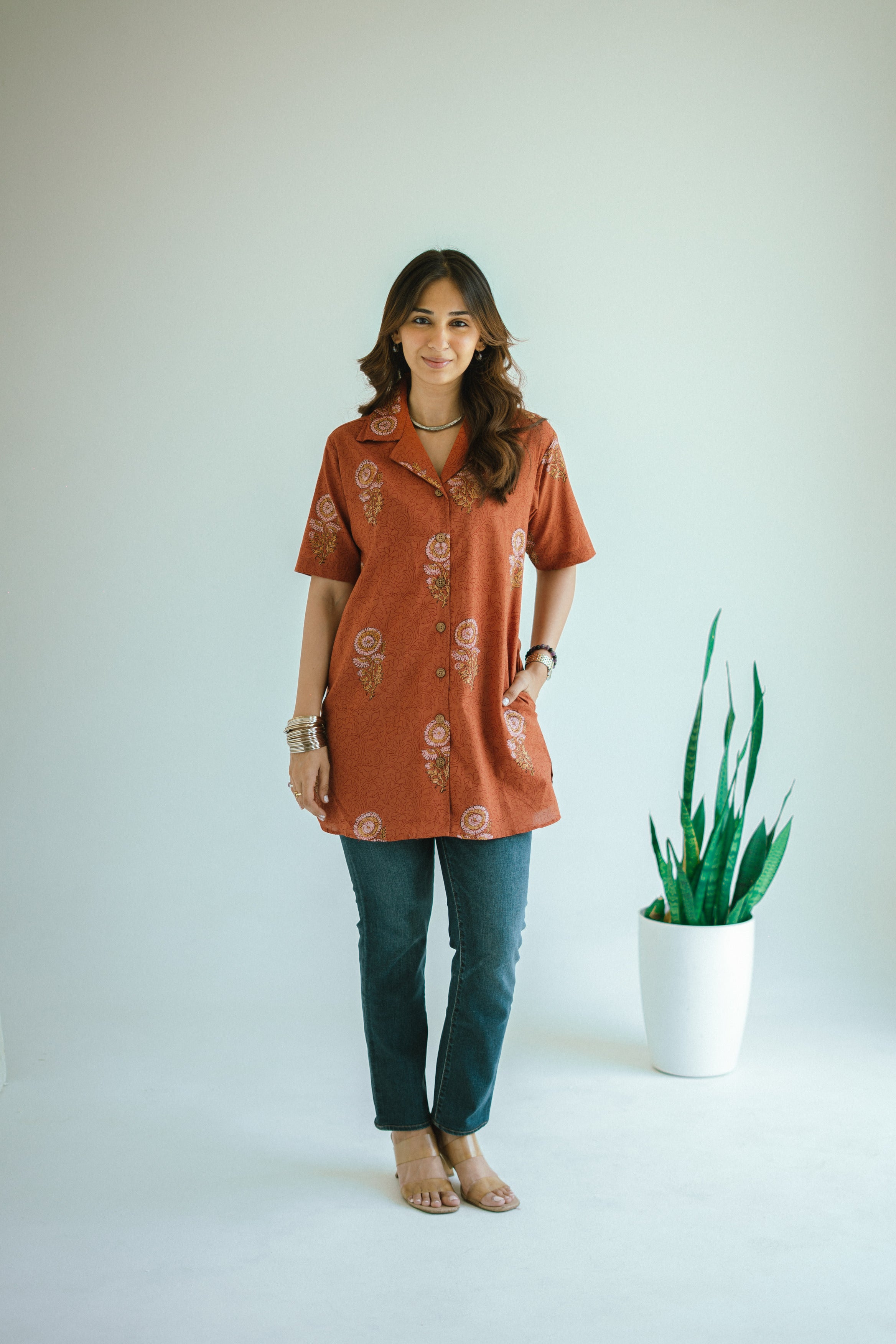 Orange Sanganeri Floral Handblock Cotton Shirt Kurti