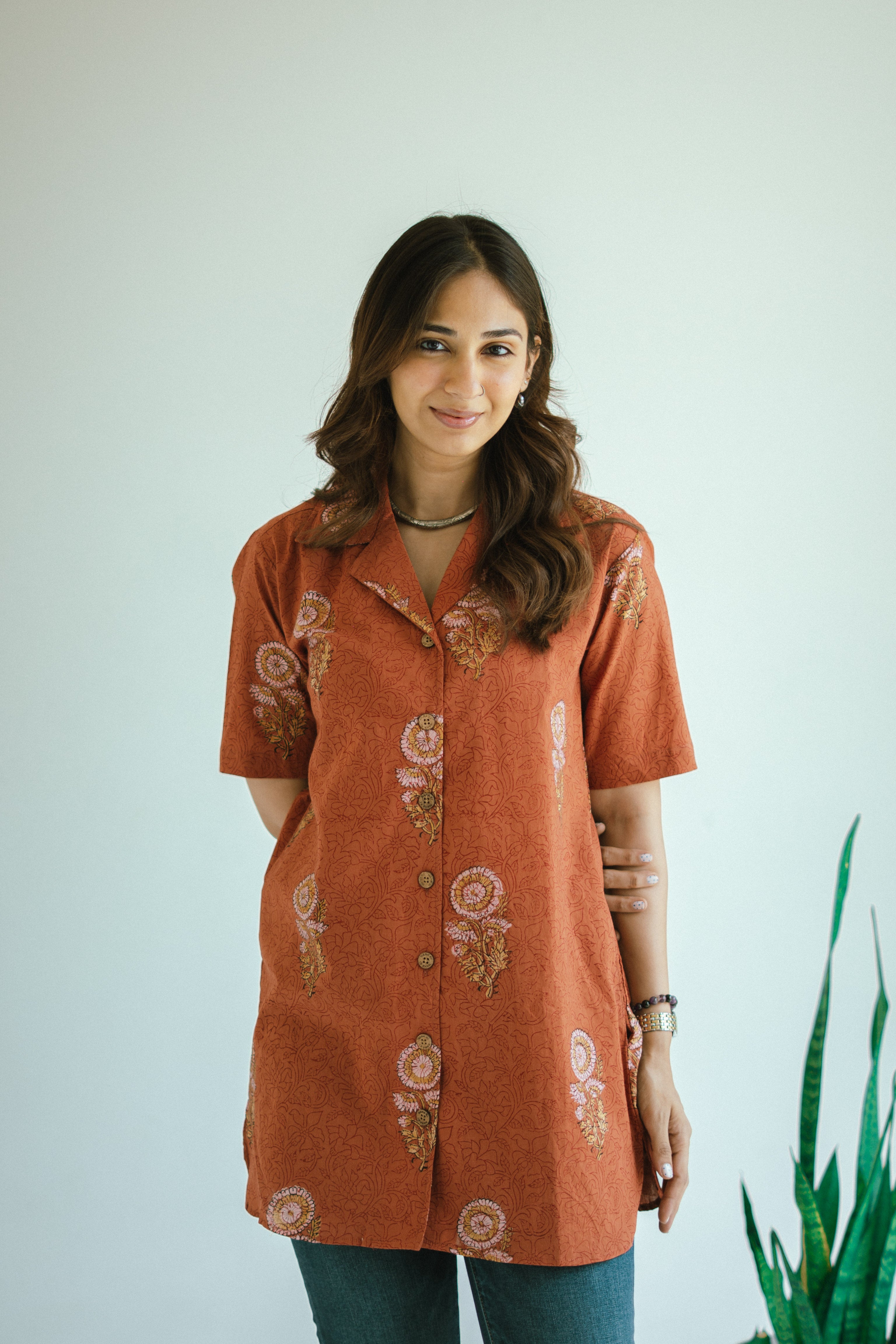 Orange Sanganeri Floral Handblock Cotton Shirt Kurti