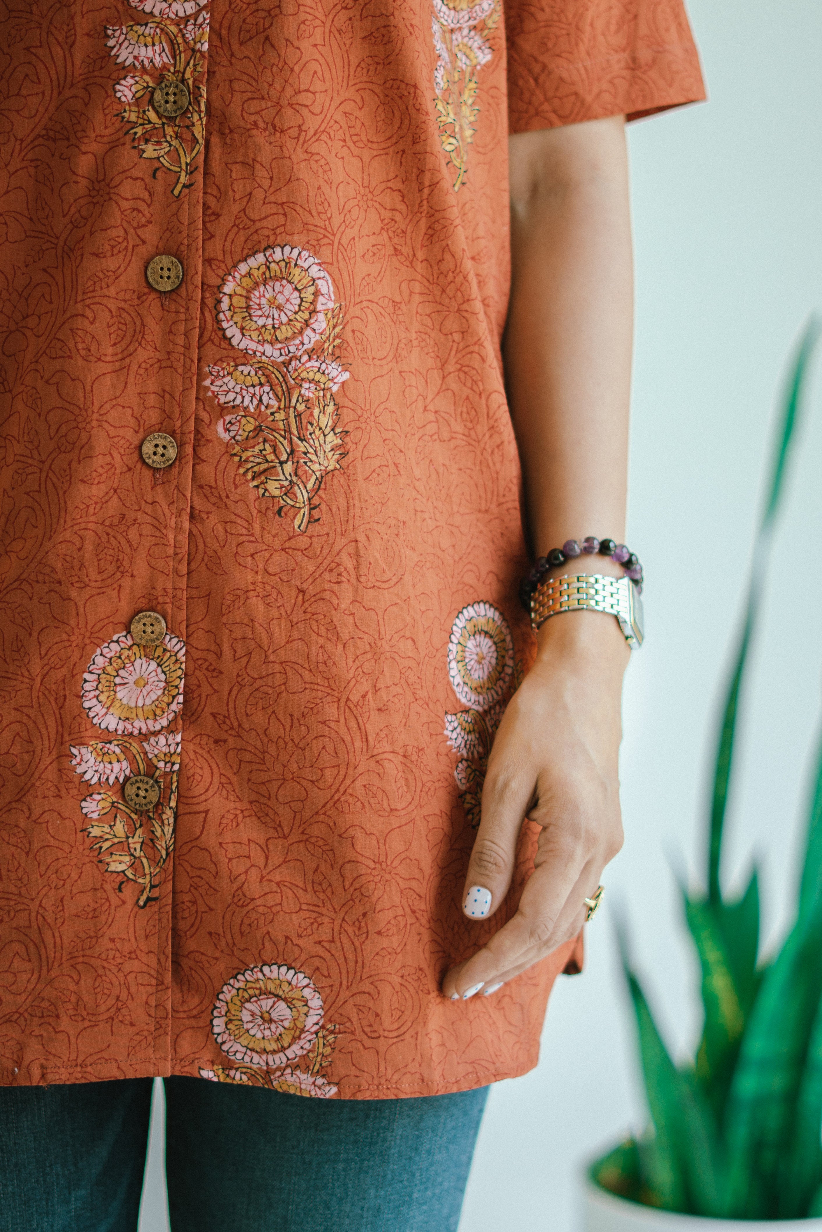 Orange Sanganeri Floral Handblock Cotton Shirt Kurti