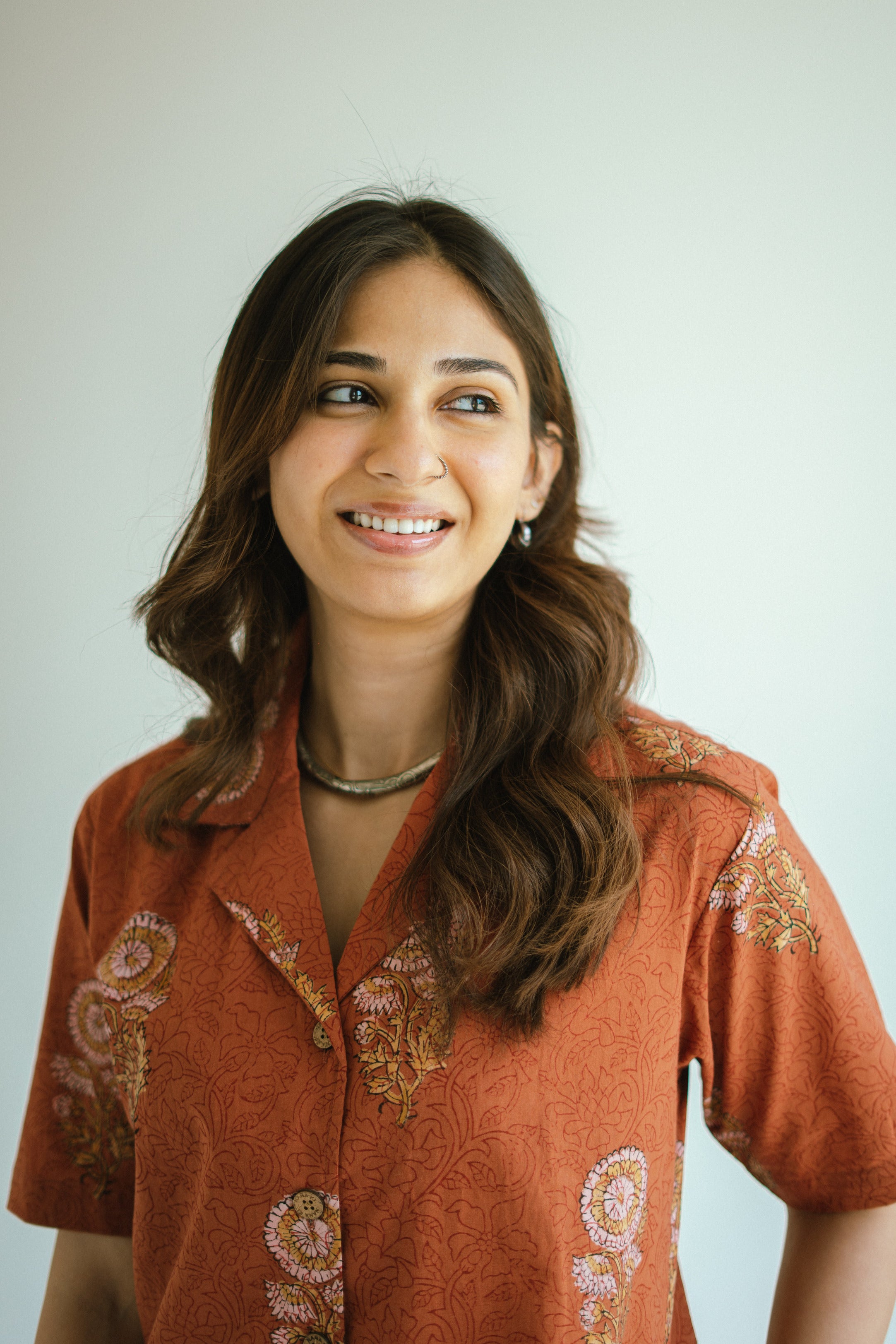 Orange Sanganeri Floral Handblock Cotton Shirt Kurti