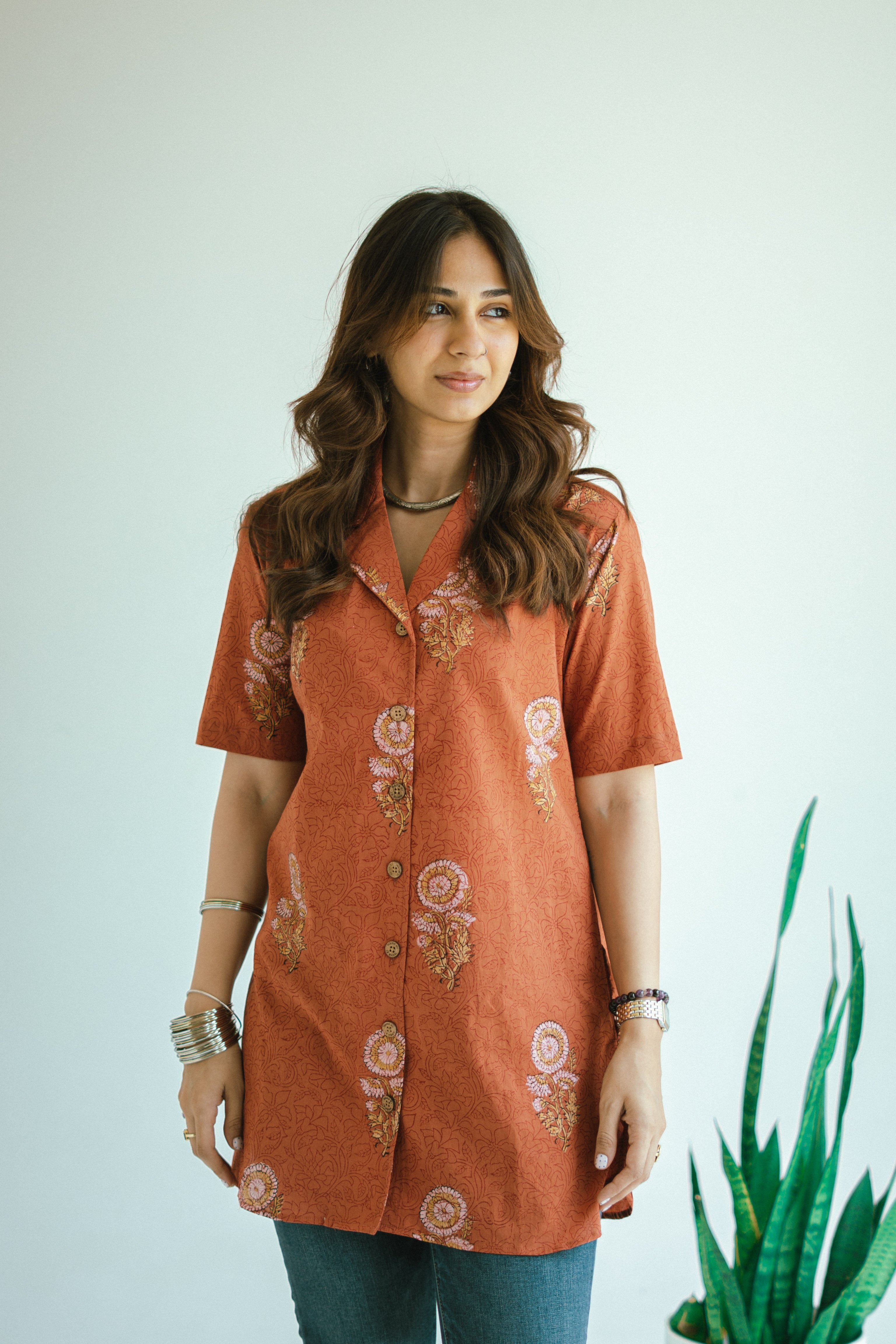 Orange Sanganeri Floral Handblock Cotton Shirt Kurti