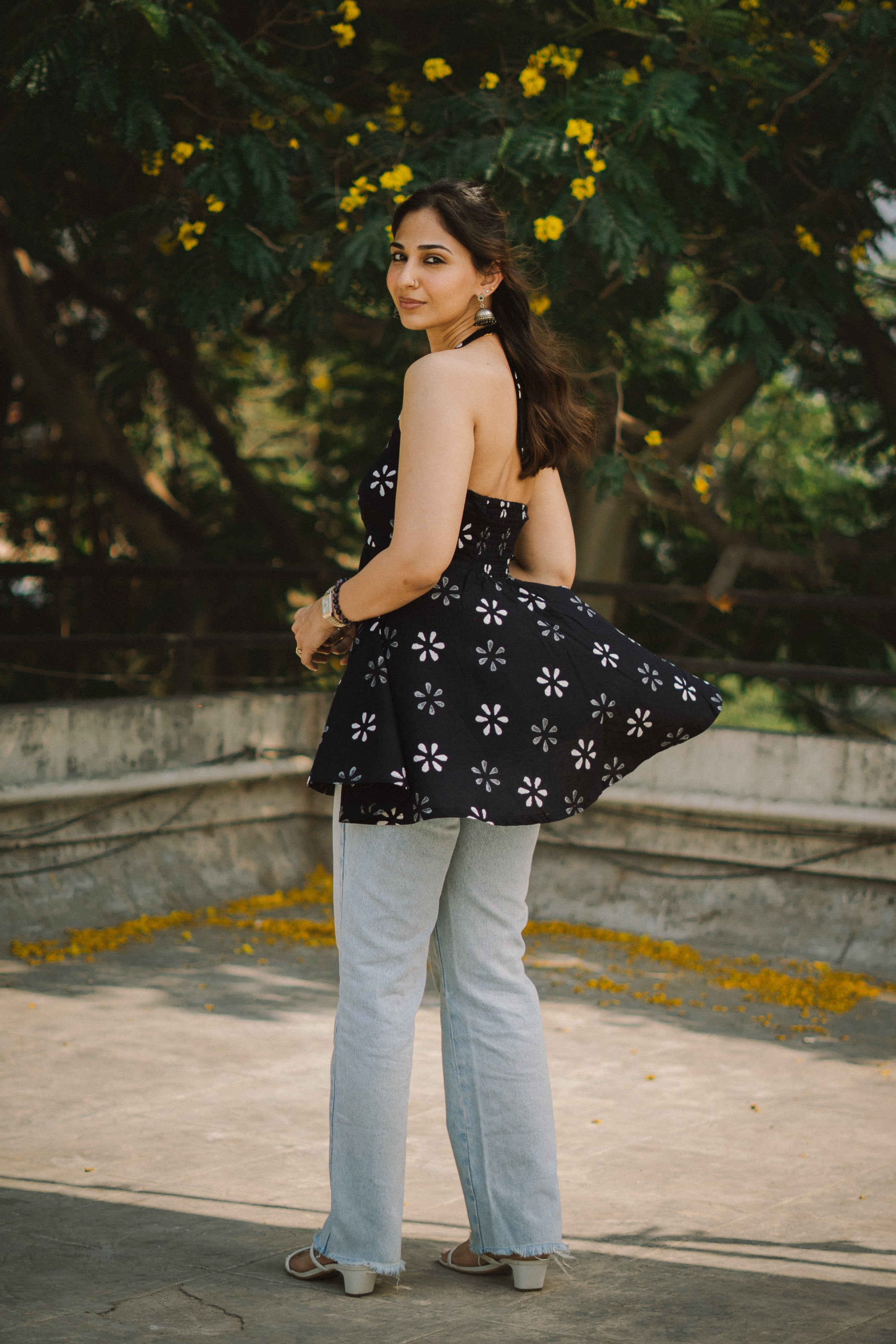 White & Grey Halter Neck Backless Cotton Short Top