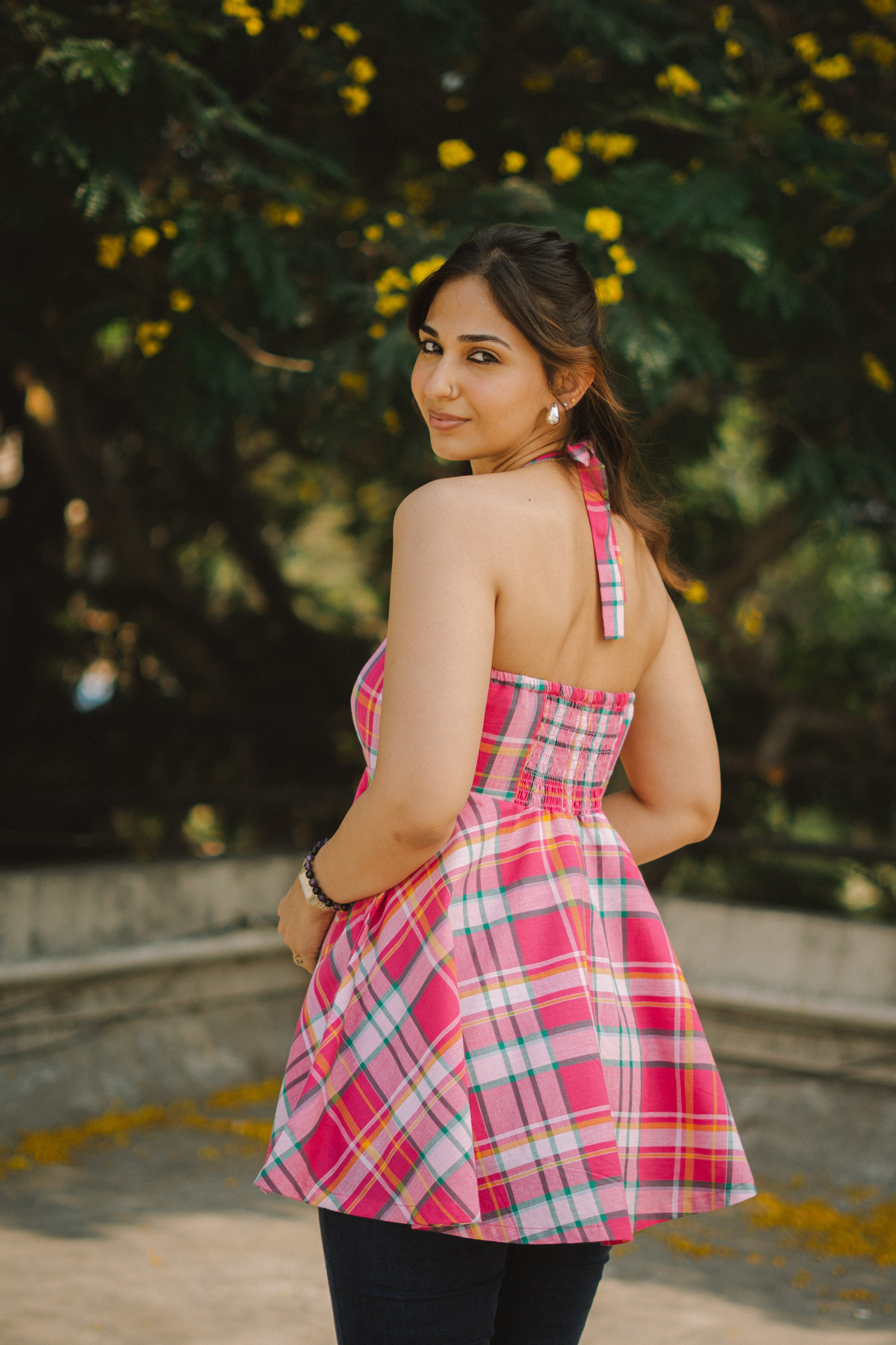 Rani Madras Checks Halter Neck Backless Cotton Short Top