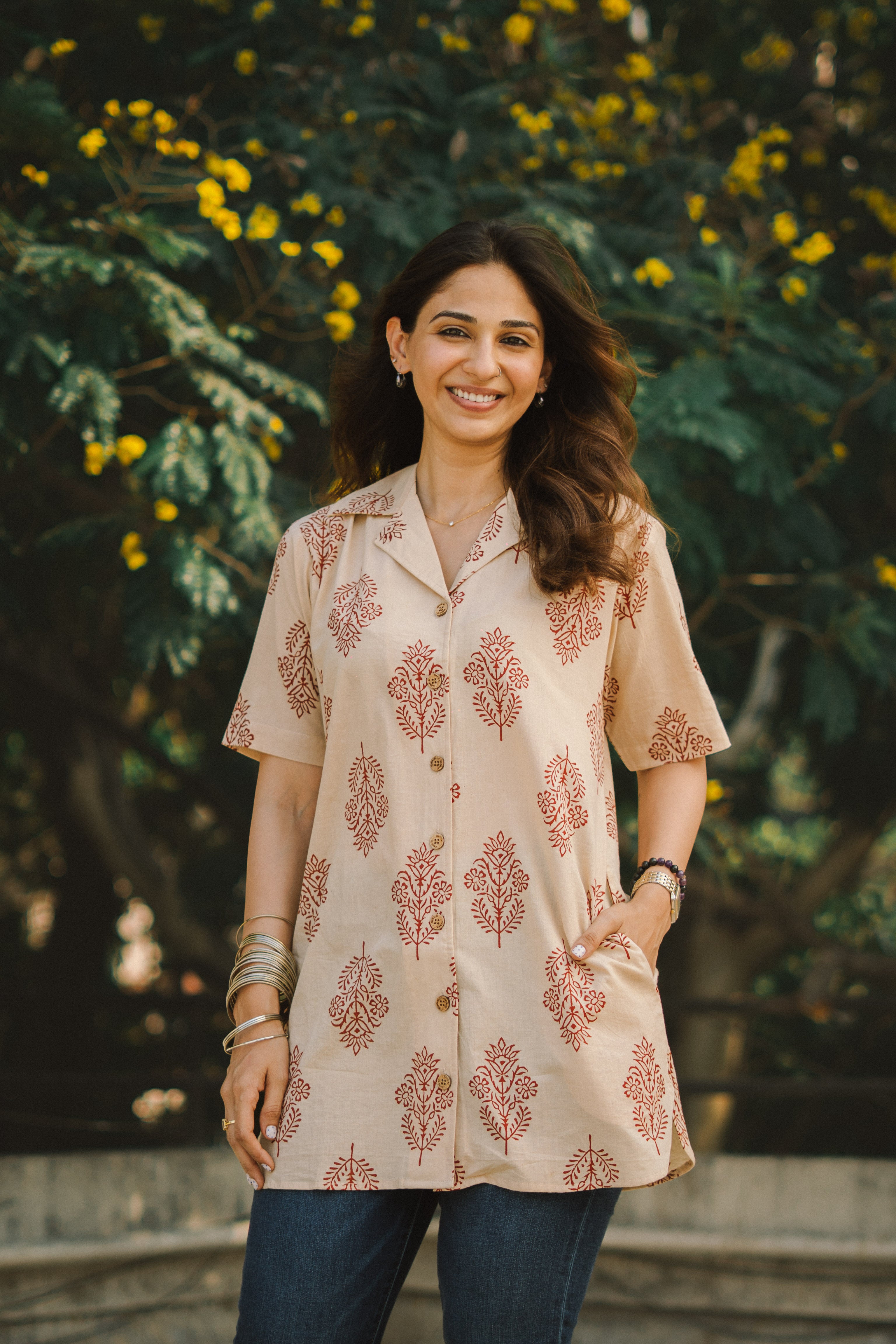 Bagru Laal Phool Handblock Cotton Shirt Kurti