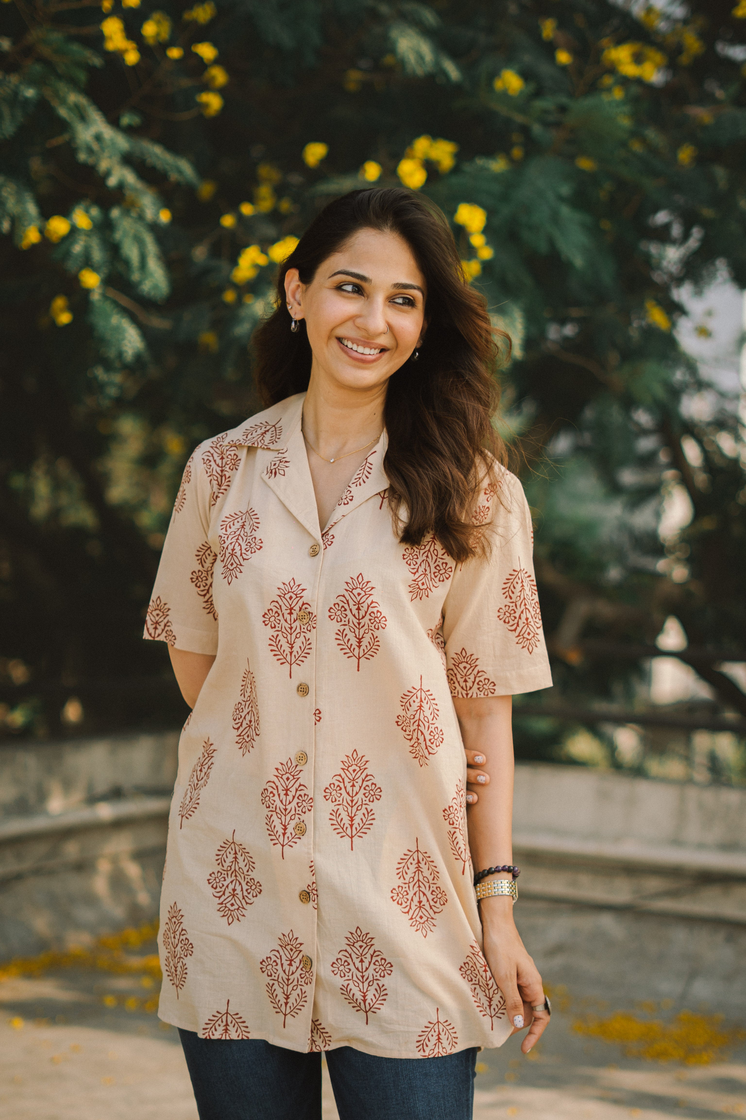 Bagru Laal Phool Handblock Cotton Shirt Kurti