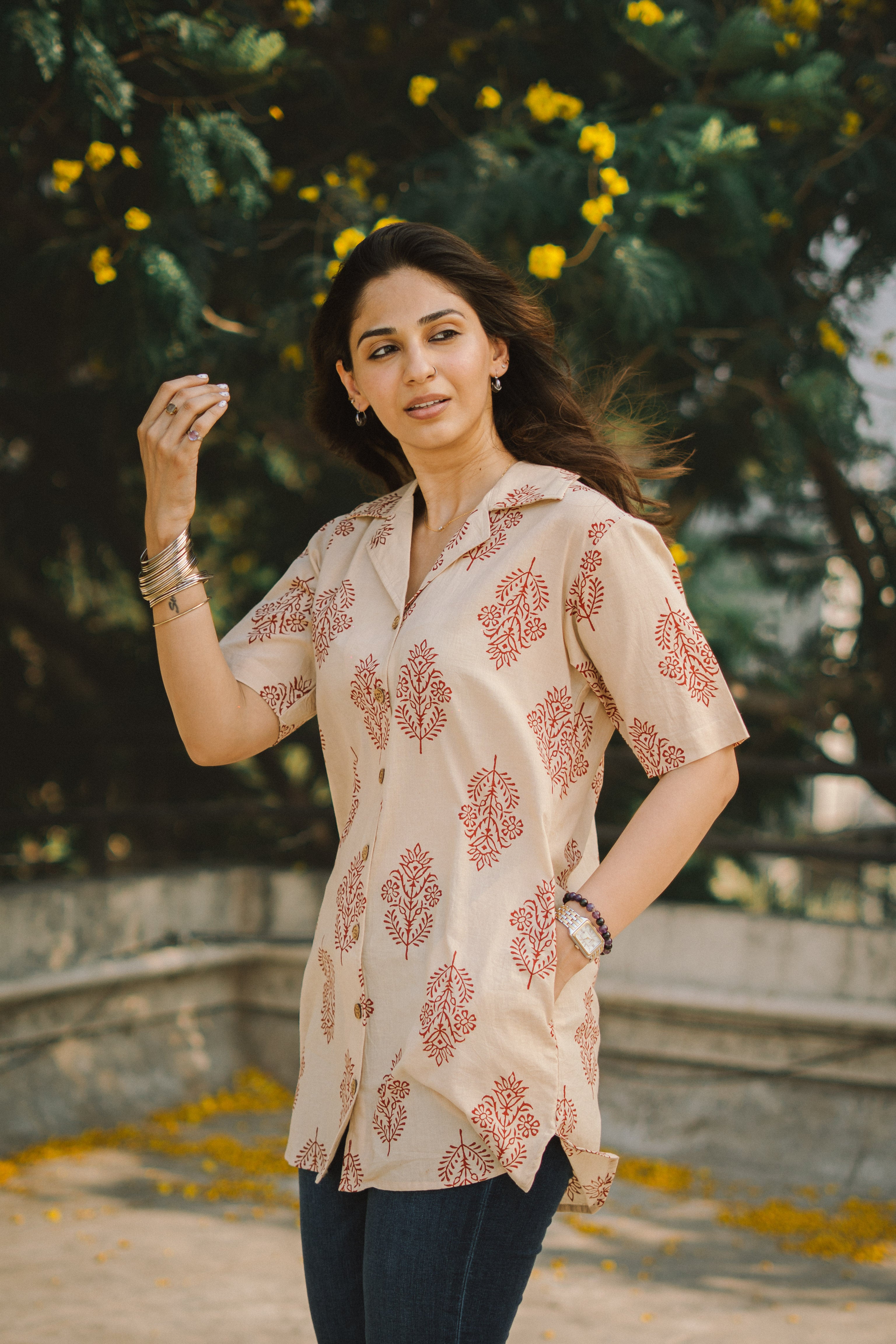 Bagru Laal Phool Handblock Cotton Shirt Kurti