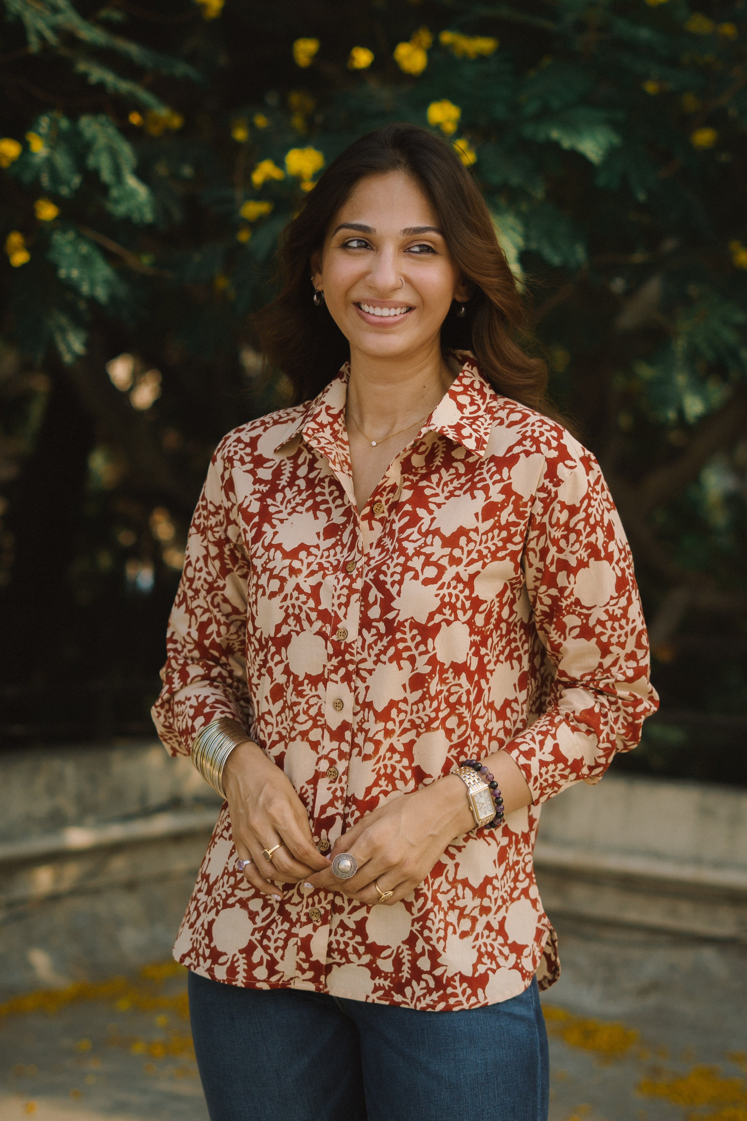 Red Floral Block Print Cotton Shirt