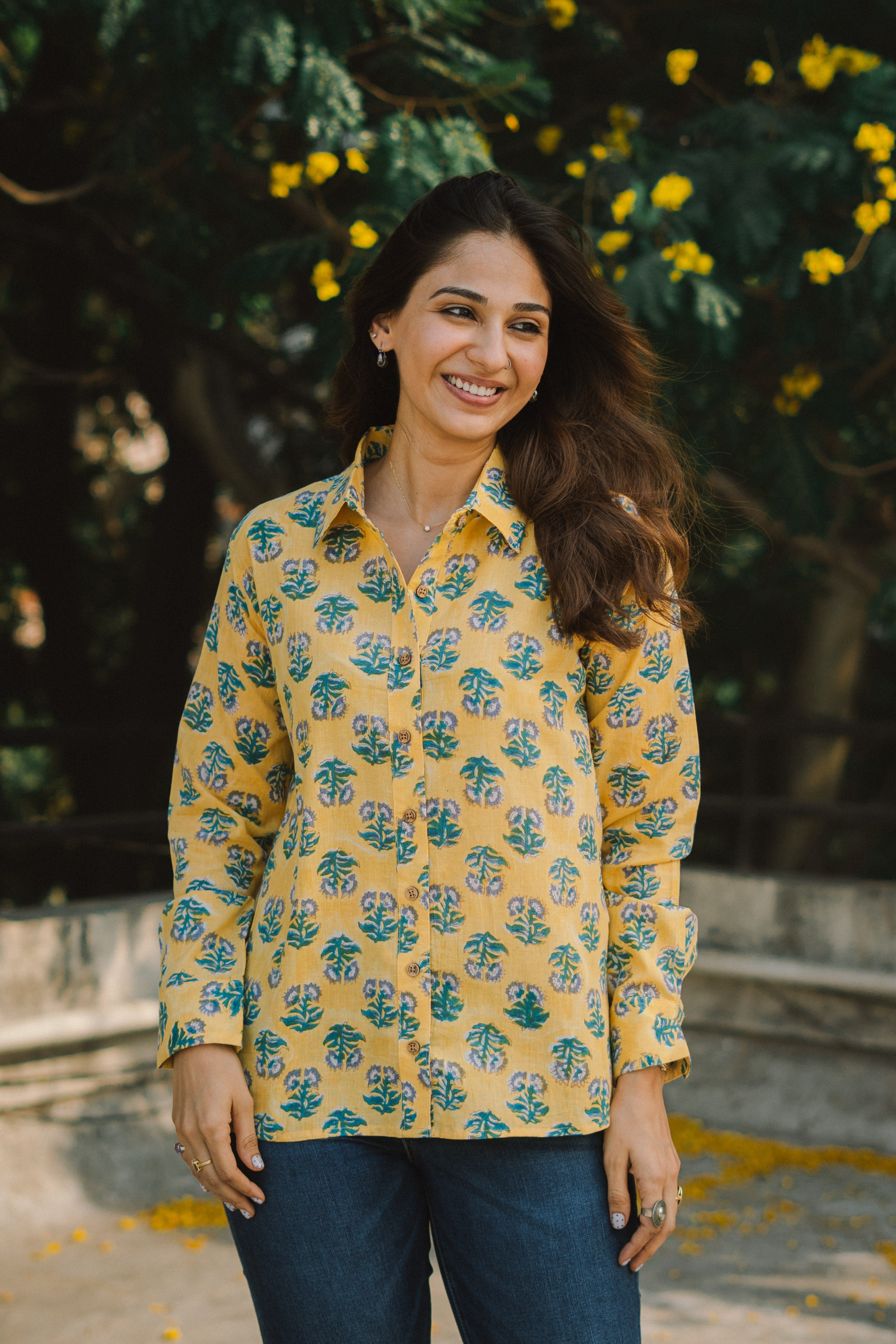 Lemon Sanganeri Floral Handblock Cotton Shirt
