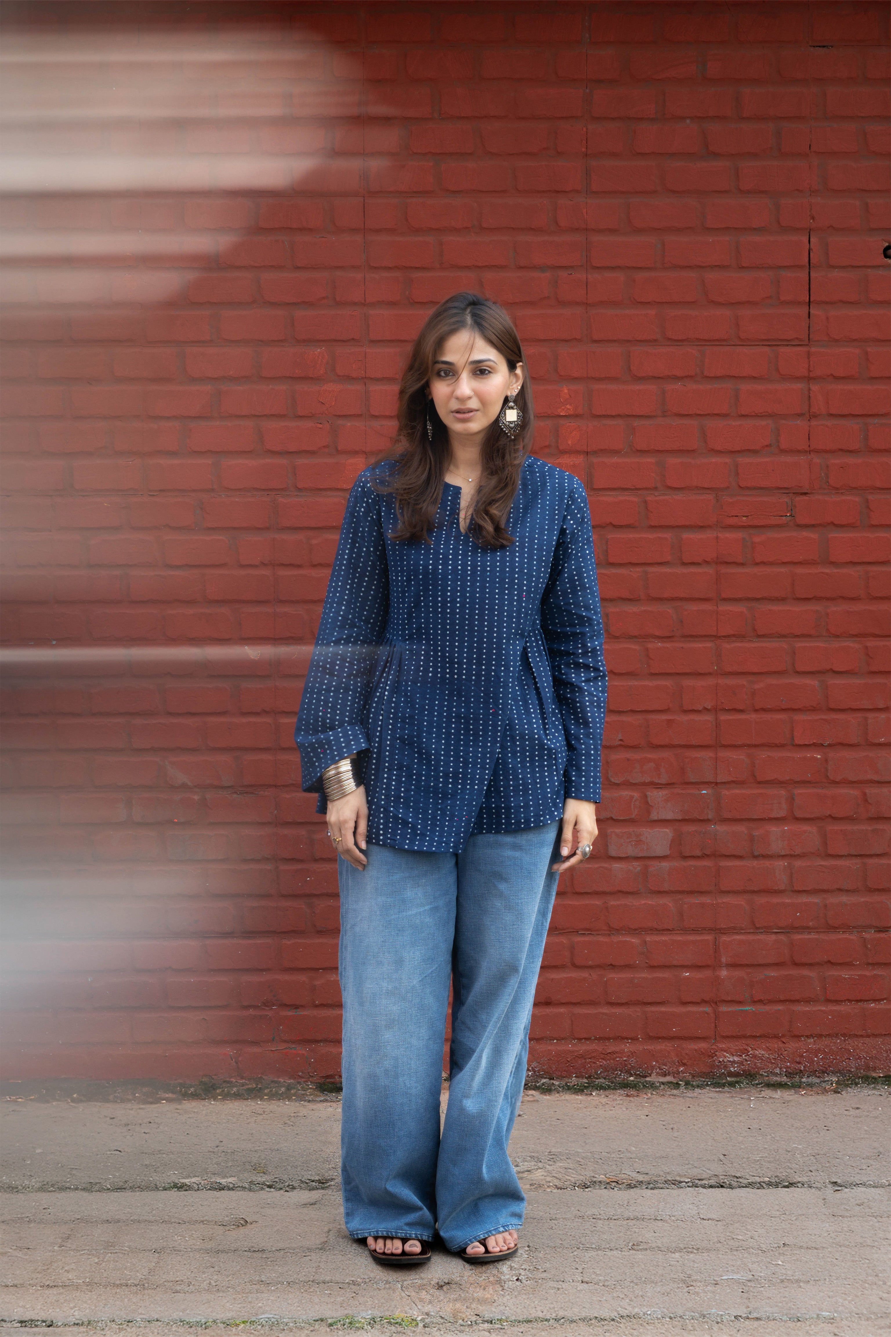 Indigo Night Bell Sleeves Cotton Short Top