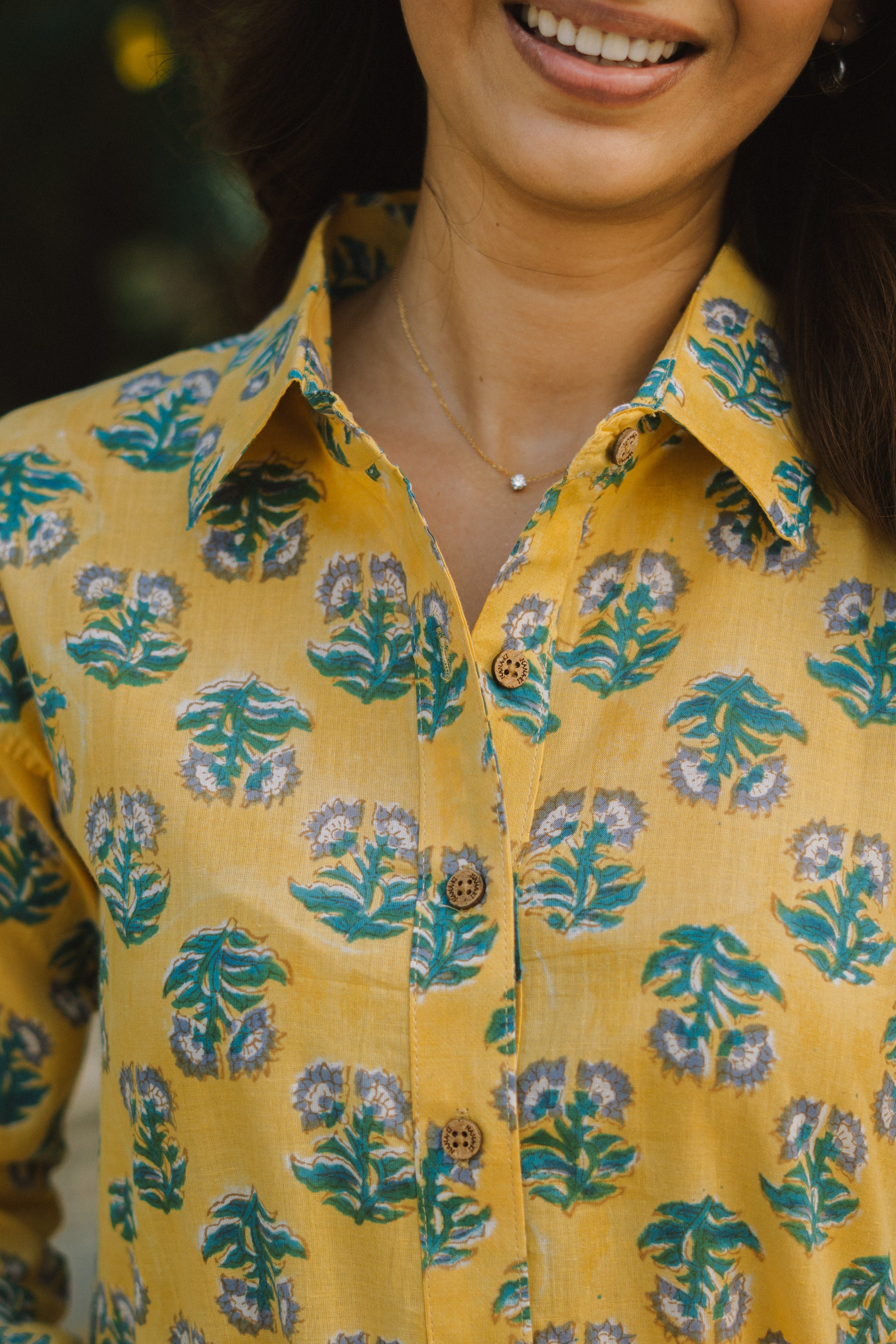 Lemon Sanganeri Floral Handblock Cotton Shirt