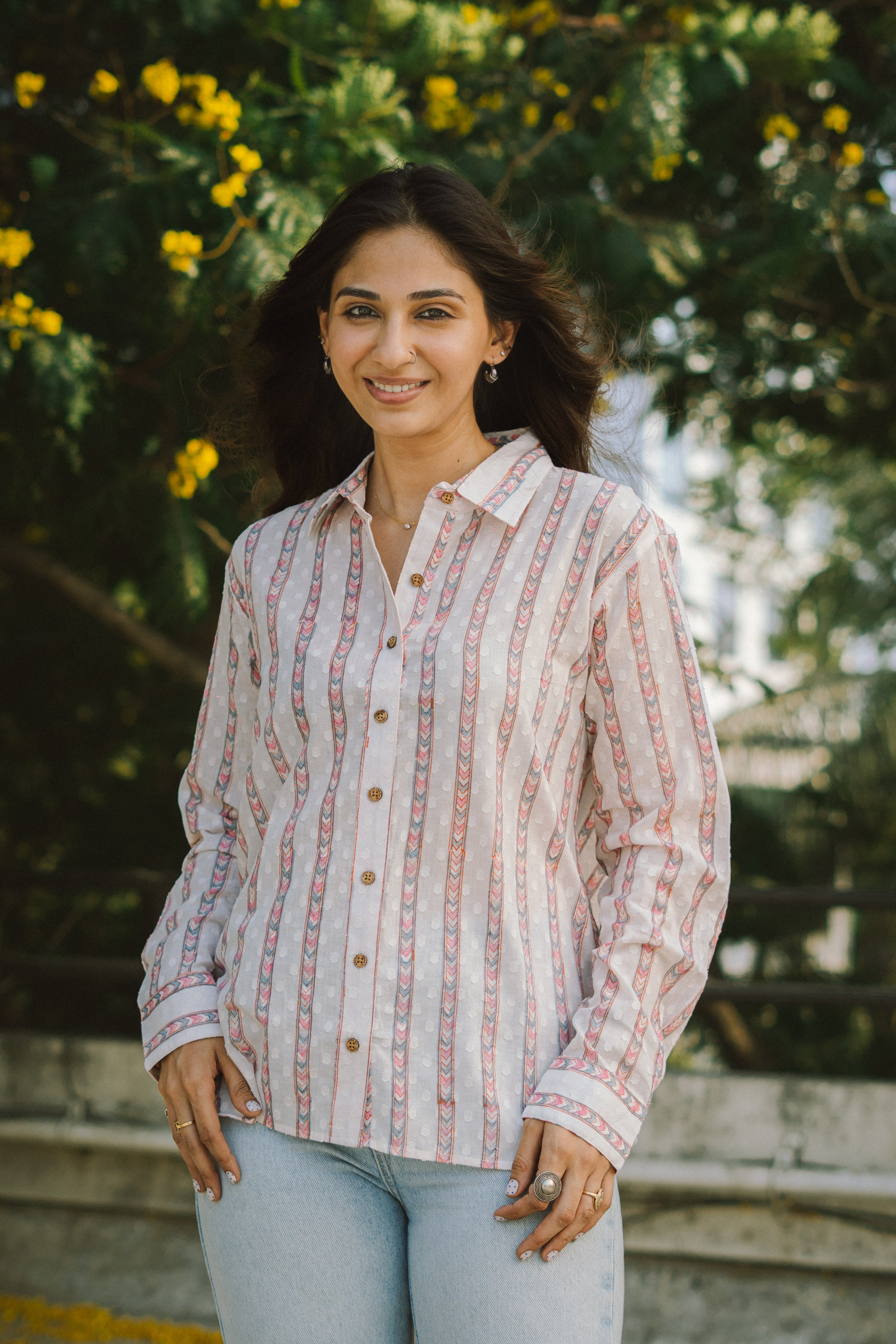 White Pink Stripe Handblock Cotton Dobby Shirt