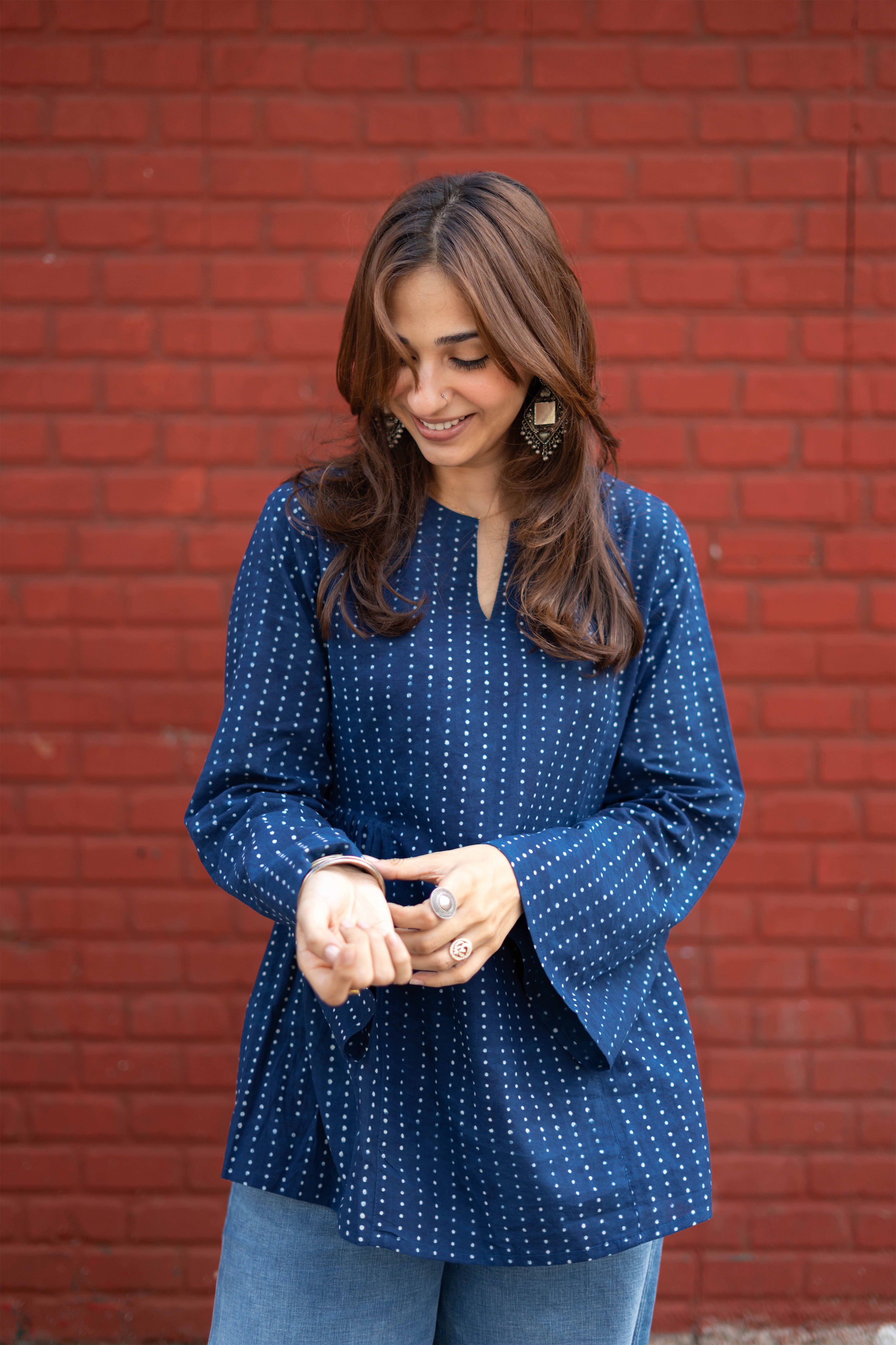 Indigo Night Bell Sleeves Cotton Short Top