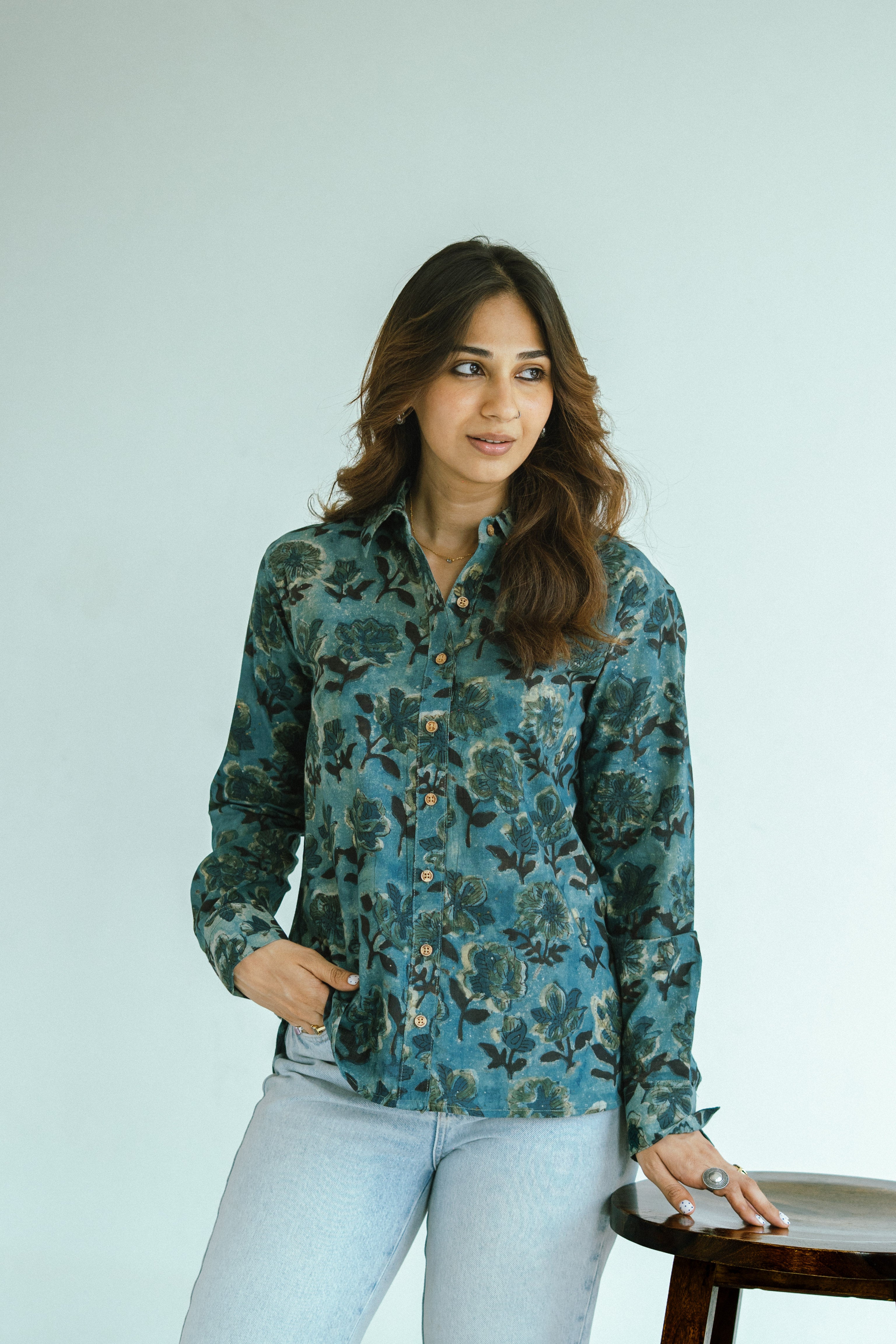 Sky Bagru Ajrakh Handblock Cotton Shirt