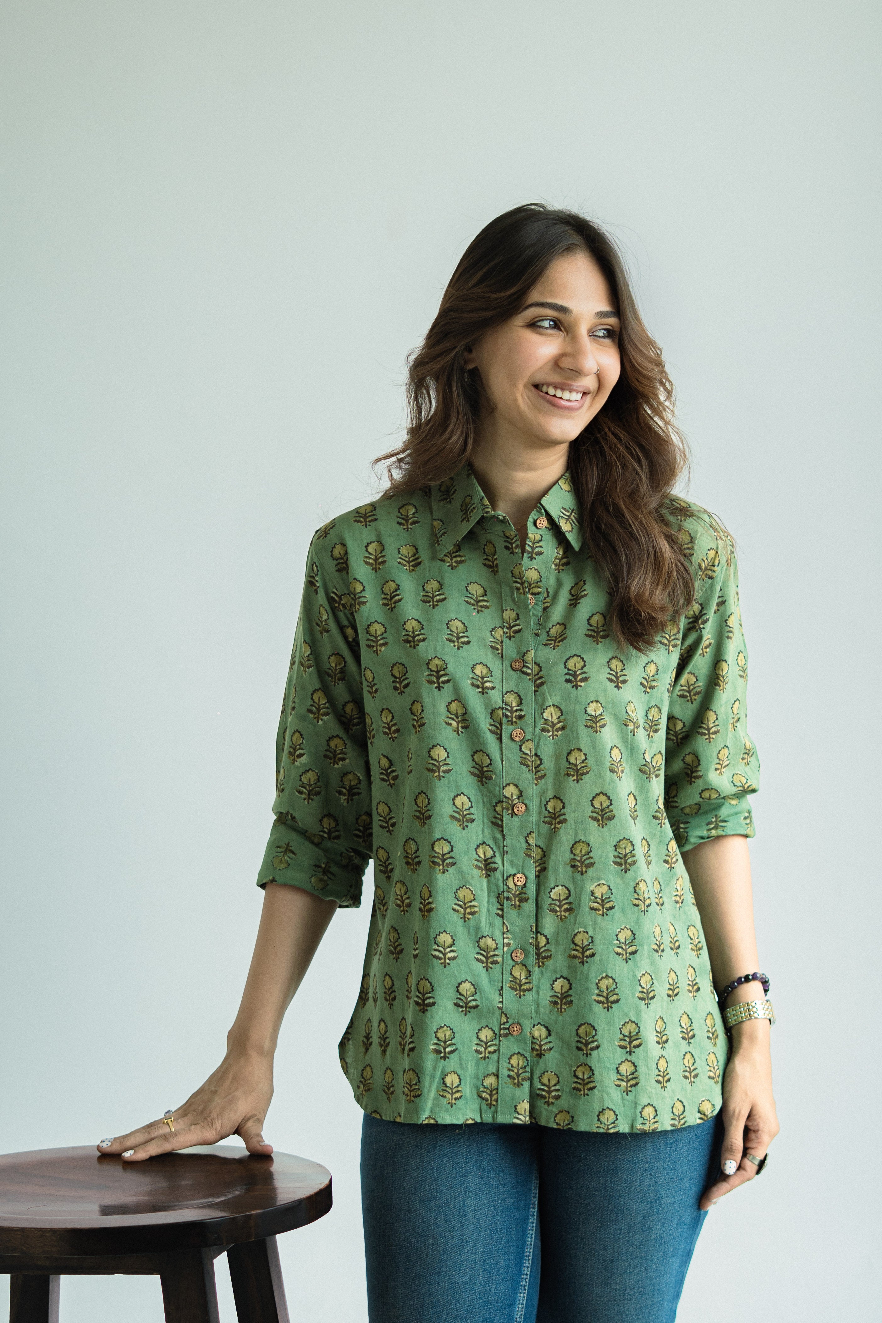 Green Floral Block Print Cotton Shirt