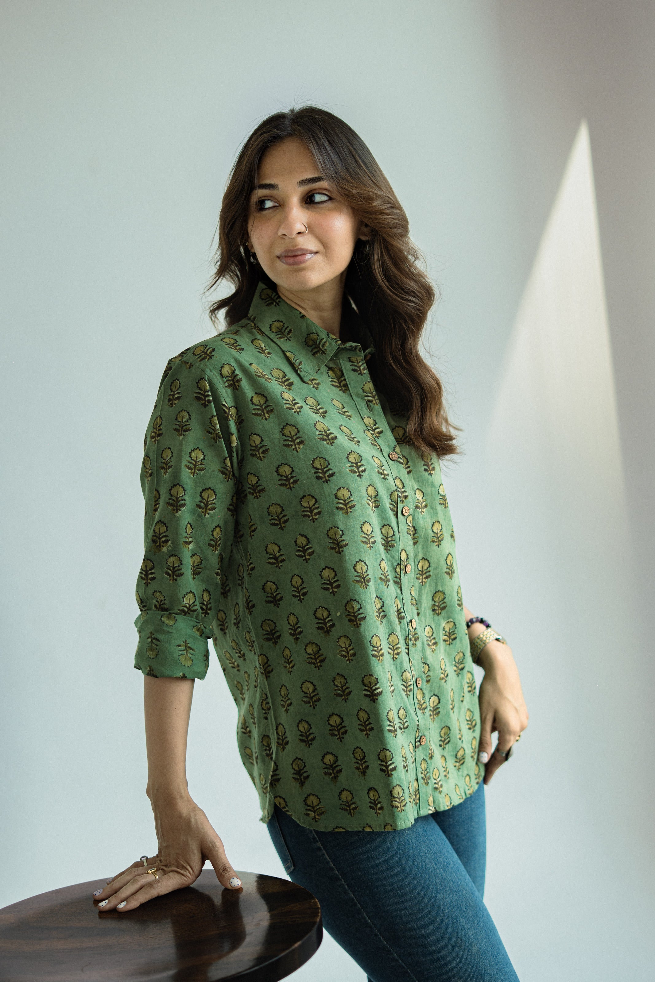 Green Floral Block Print Cotton Shirt
