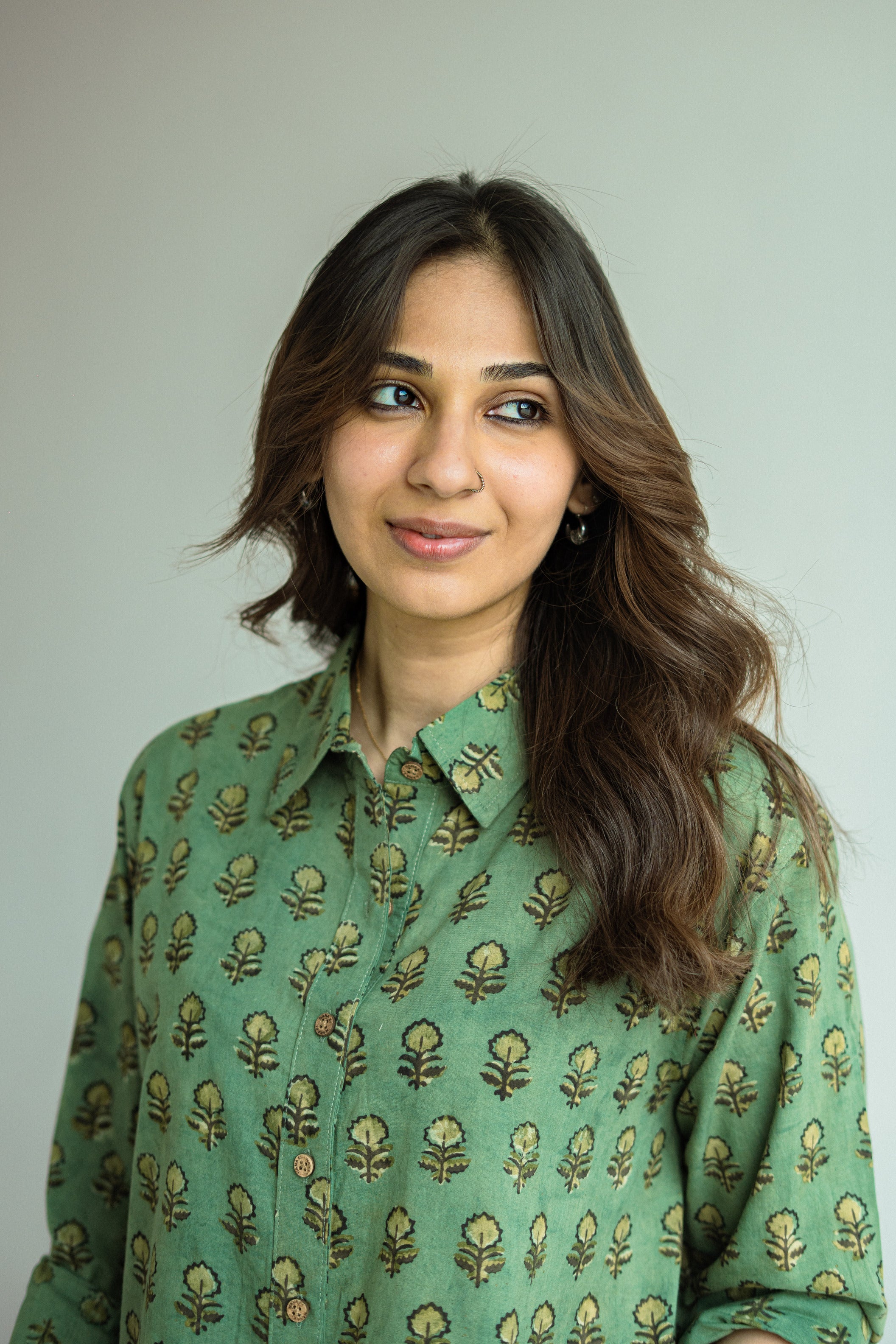 Green Floral Block Print Cotton Shirt