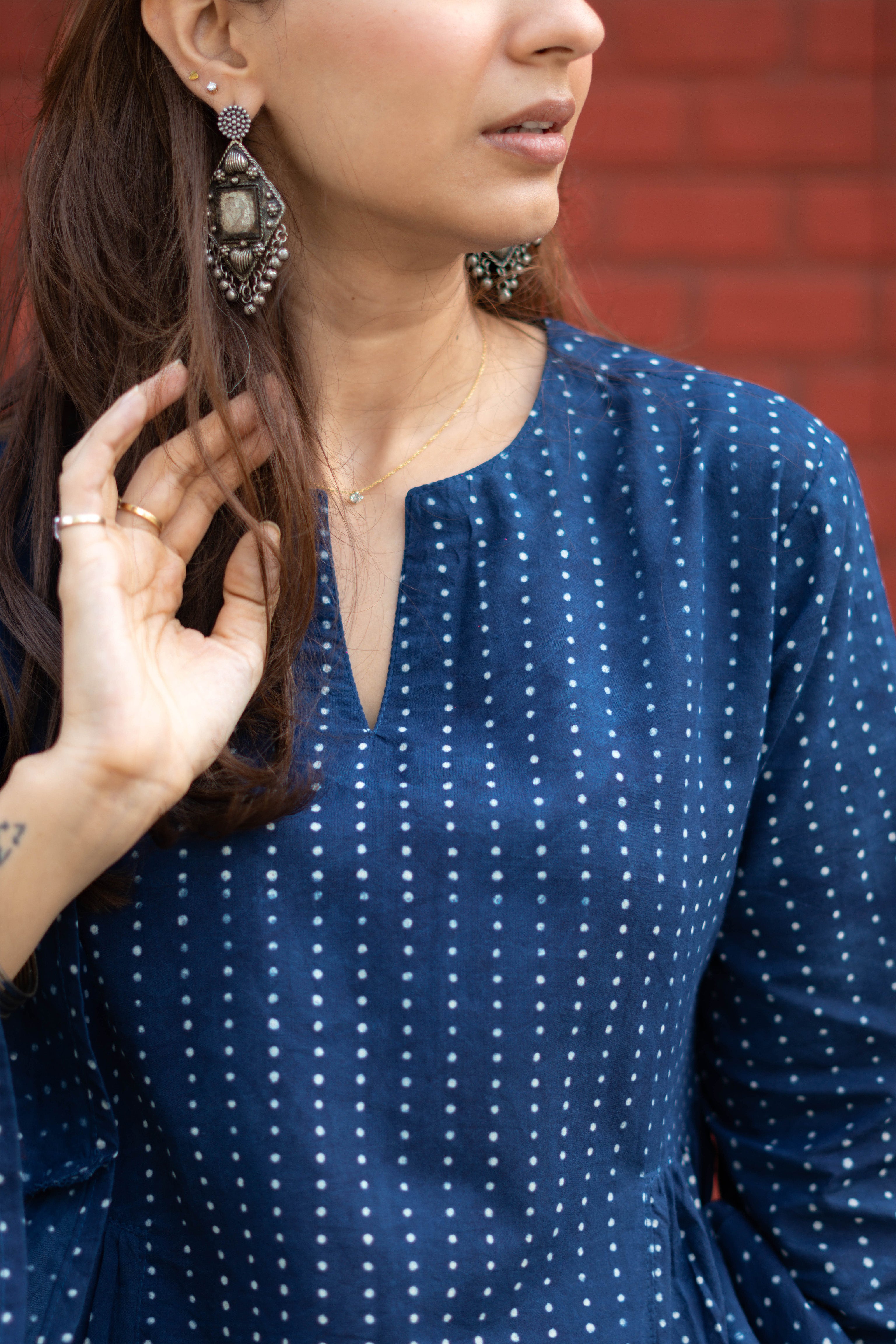 Indigo Night Bell Sleeves Cotton Short Top