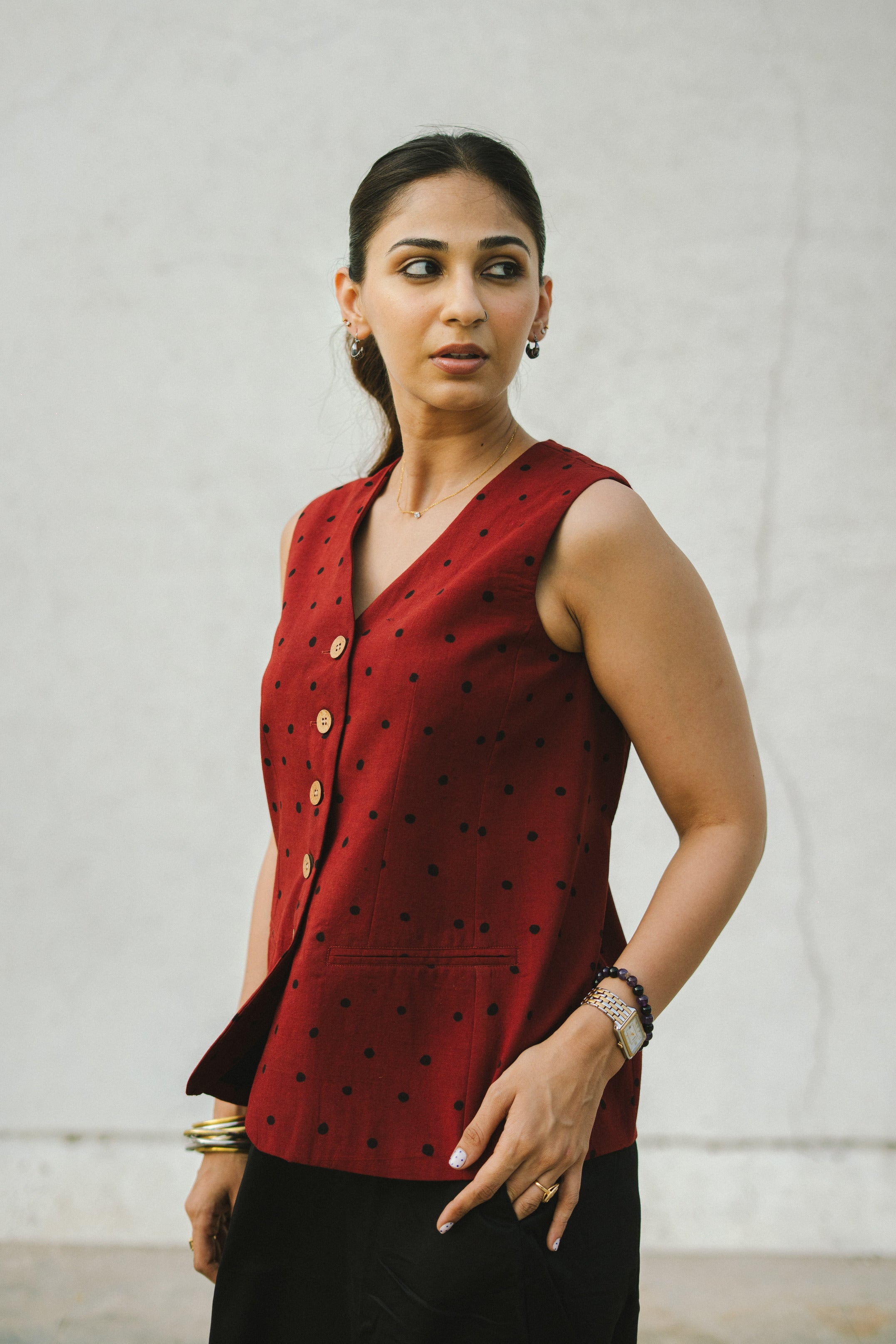 Red Polka Ajrakh Handblock Cotton Waistcoat