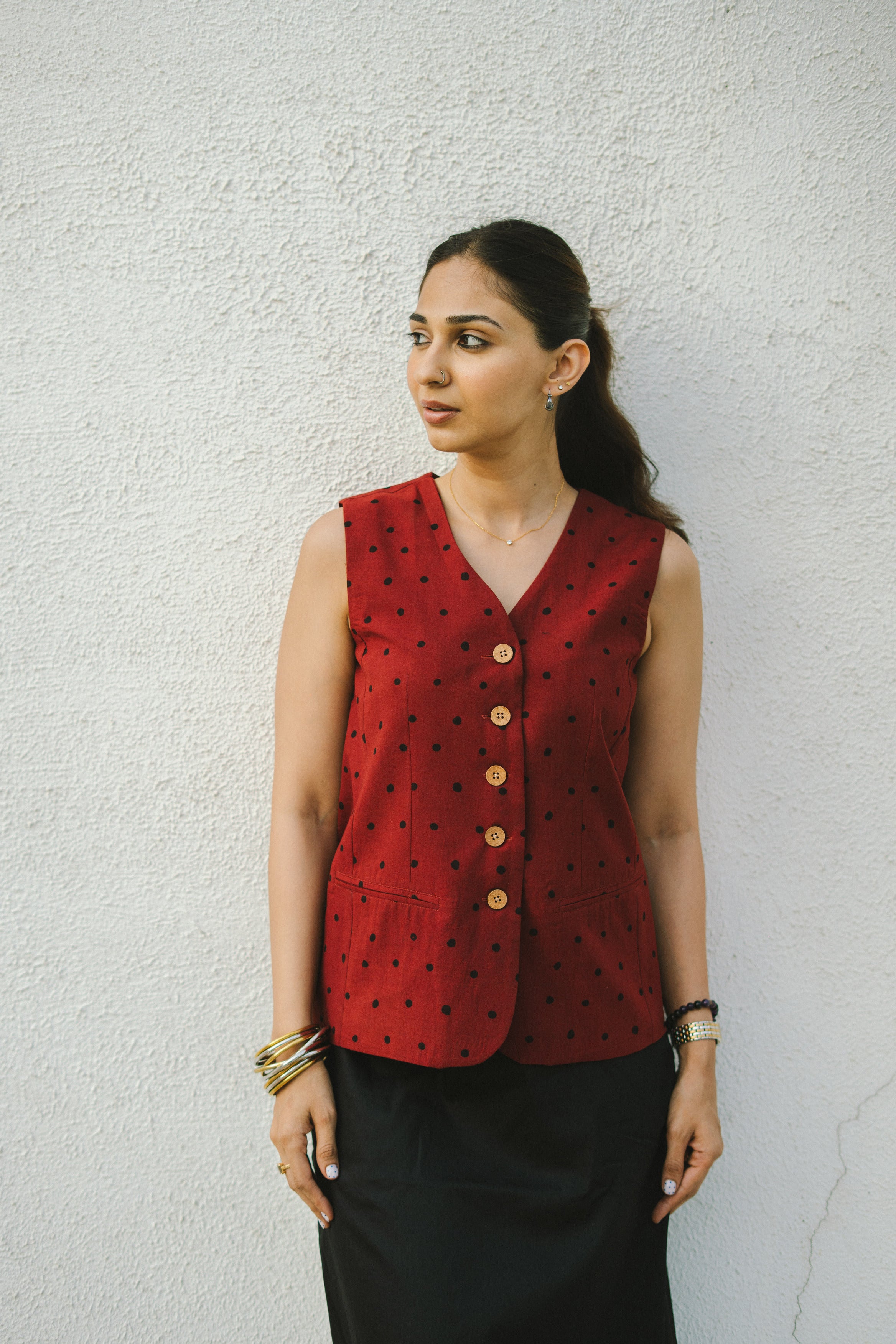Red Polka Ajrakh Handblock Cotton Waistcoat